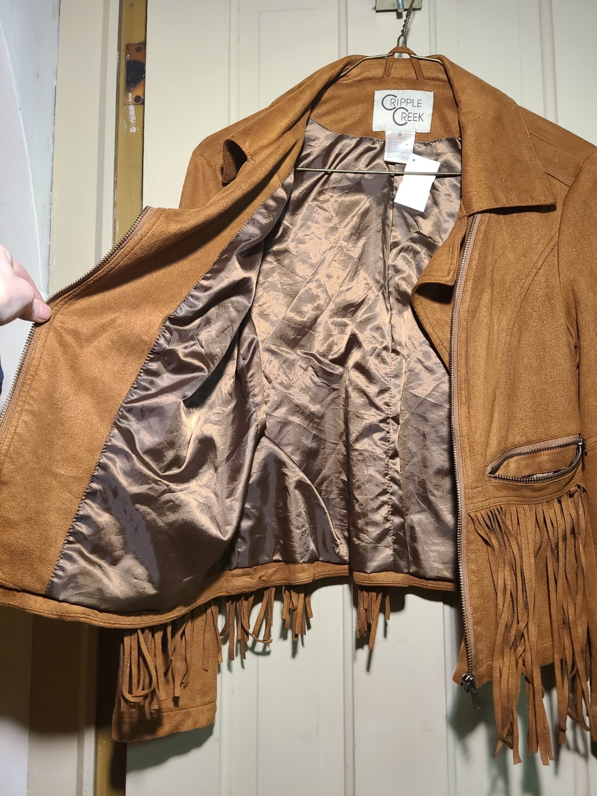 Womens Cripple Creek Genuine Suede Leather Zip Jacket With Fringe Front And Back