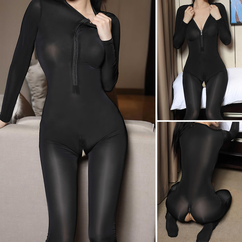 Womens See-through 2 Zipper Open Bust & Crotch Jumpsuit Stretch Bodysuit Catsuit
