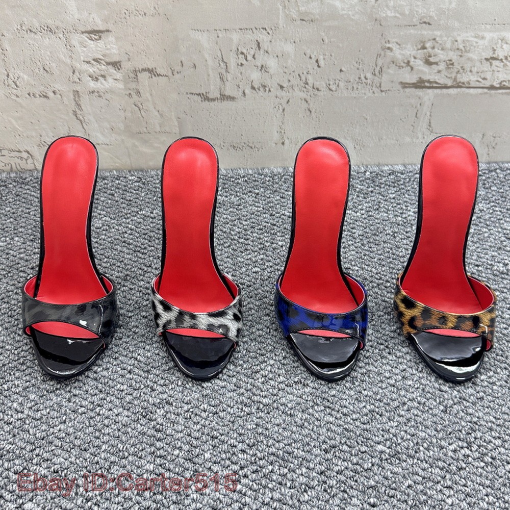 16/14cm High Heeled Slippers Leopard Patent Leather Slides Fetish Cross-Dressing