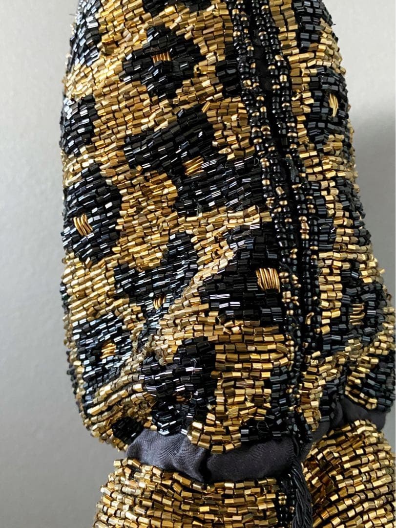 Vintage Leopard Beaded Party Bag Gold Tone Crossbody with Chain and Drawstring