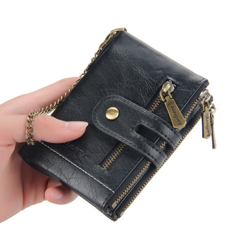 Men Leather Black Wallet with Anti-theft Chain Bifold Double Zipper Purse Gift