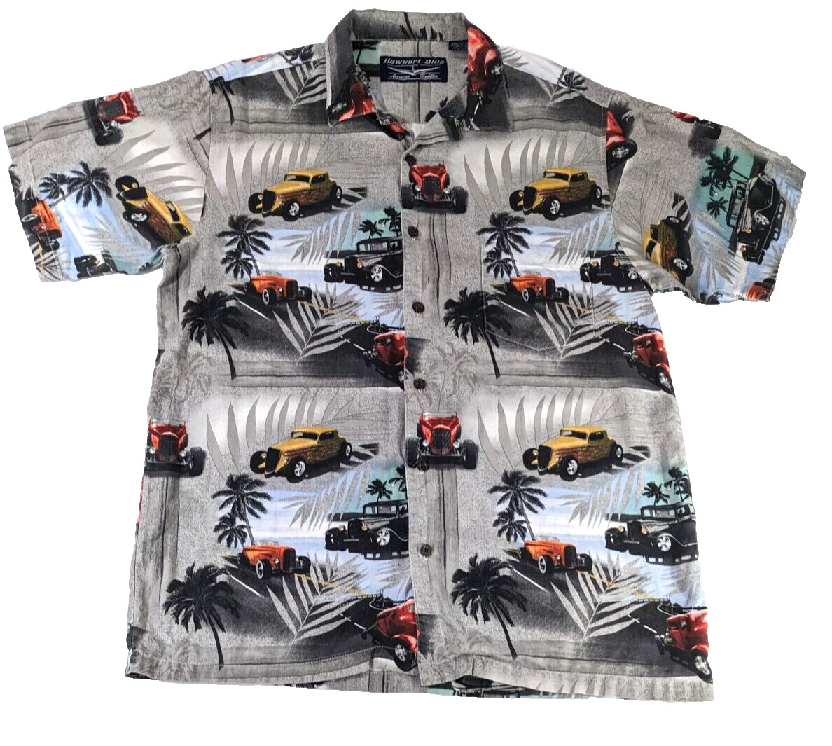 Vtg Newport Blue Hawaiian Shirt Men Hot Rod Car 32 Ford Coupe Short Sleeve L