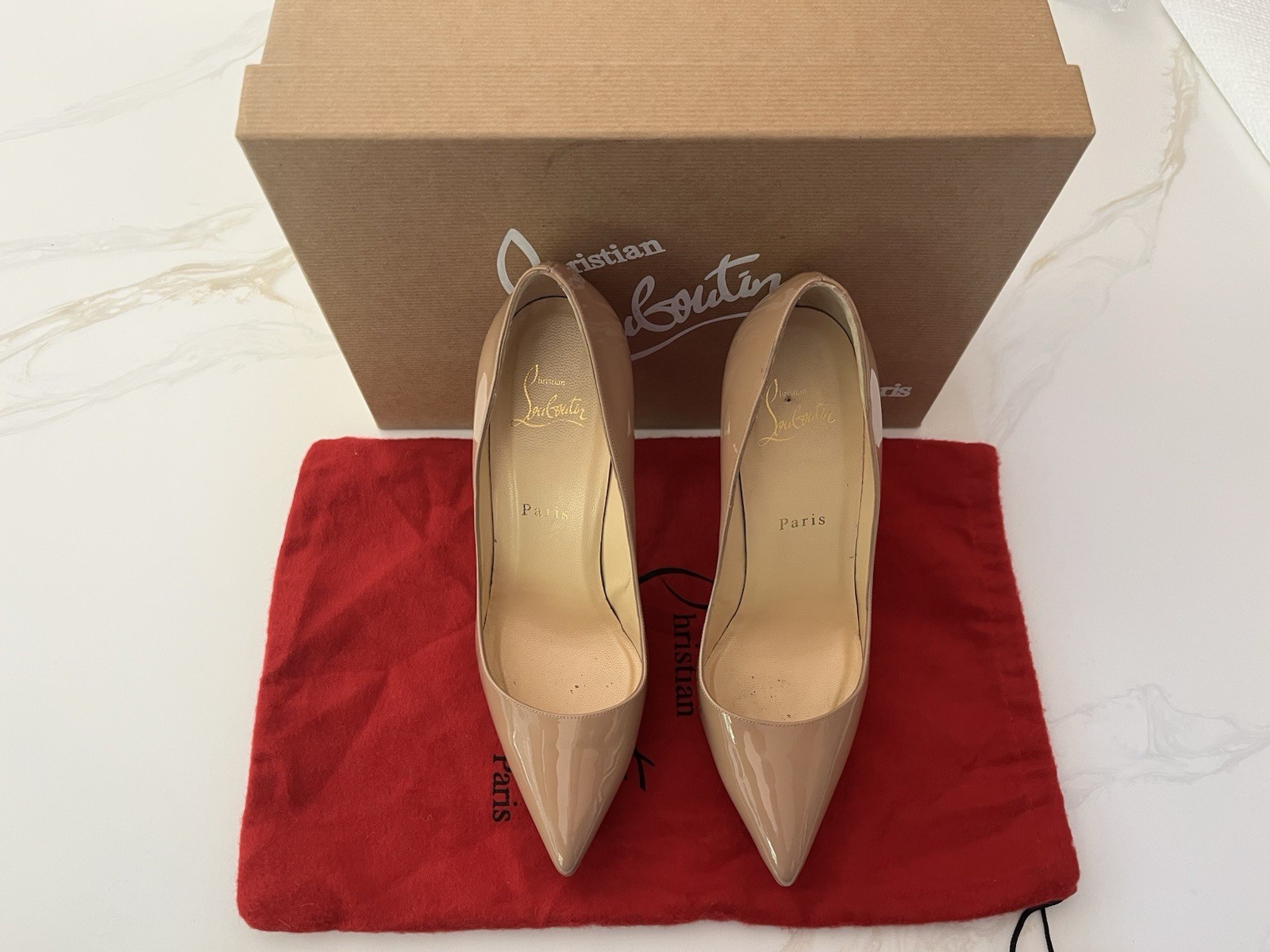 Christian Louboutin Women’s Beige Patent Leather Pointed Platform Pumps EU 37.5