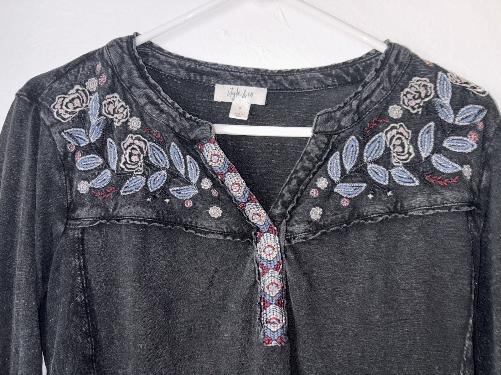 Style & Co Petite Embroidered Henley Top Black Cotton Roll Tab Sleeve S