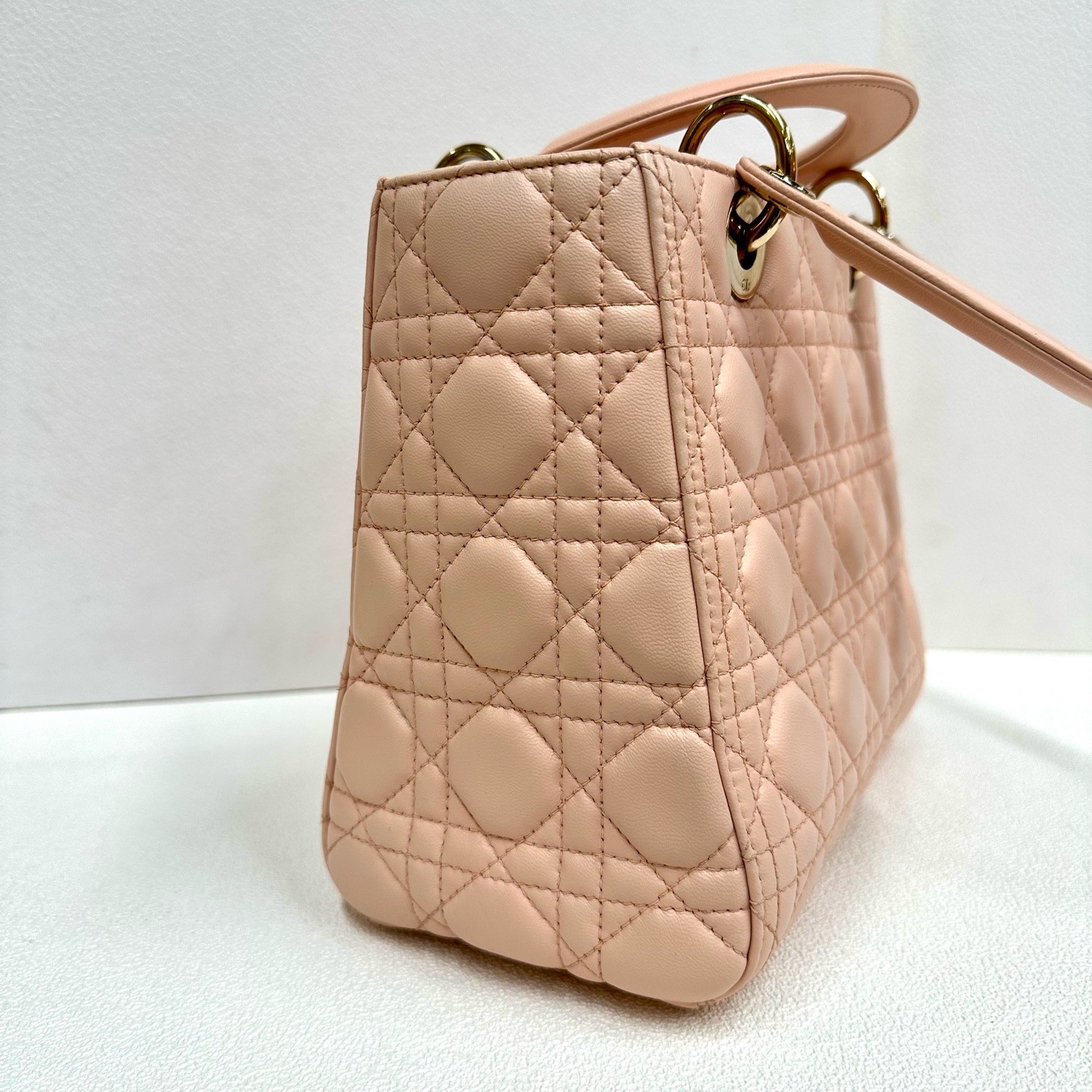 Dior Lady Dior Light Pink Lambskin Cannage Top Handle Crossbody Bag auth