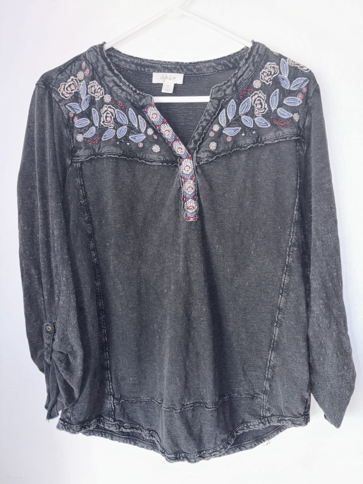 Style & Co Petite Embroidered Henley Top Black Cotton Roll Tab Sleeve S