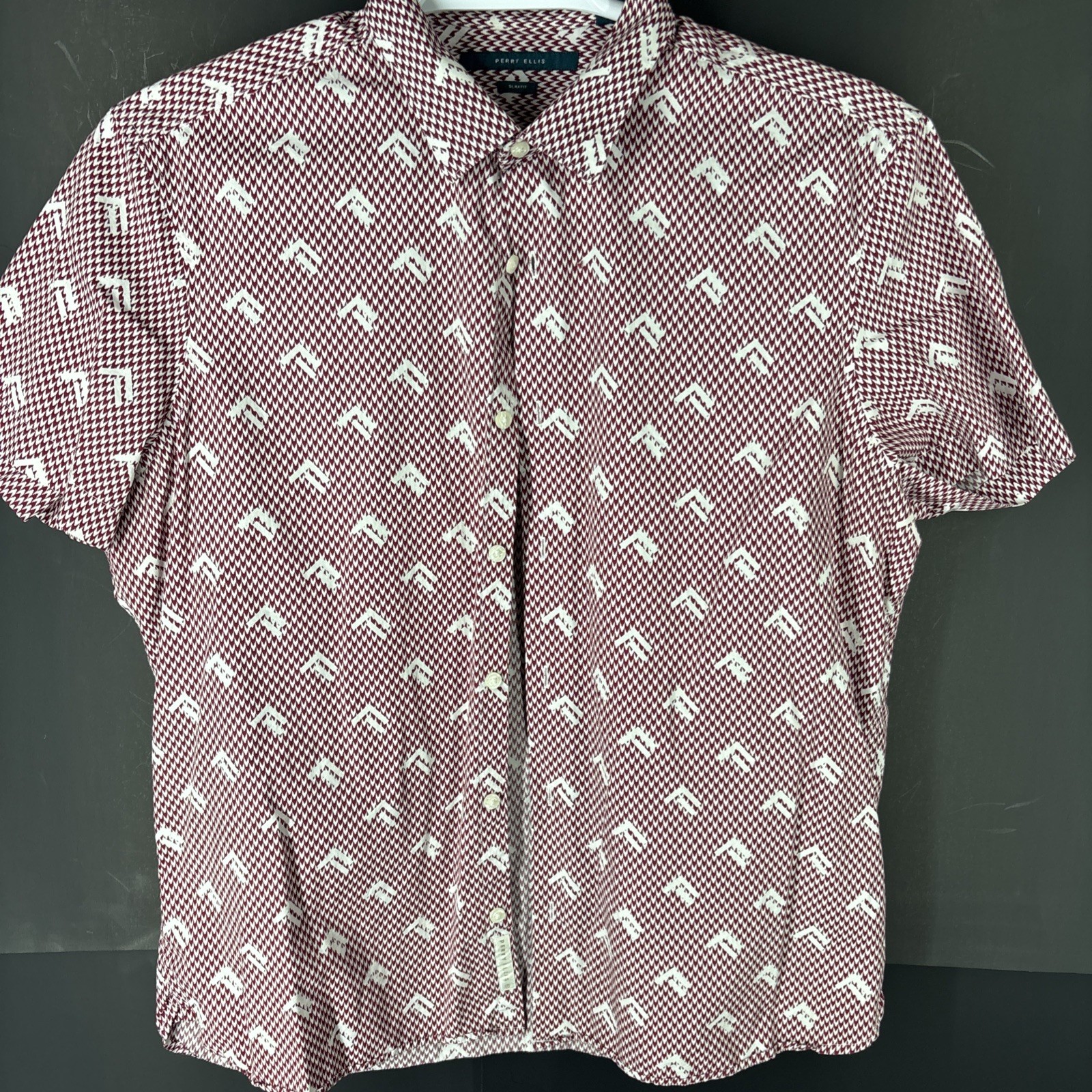 Perry Ellis Short Sleeve Houndstooth Chevron Red And White XL