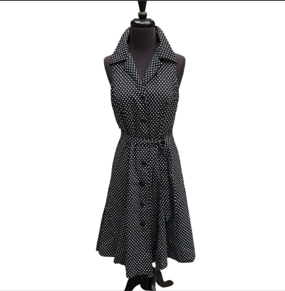Talbots Black White Polka Dot Sleeveless Dress Button Front 6 PETITE Retro
