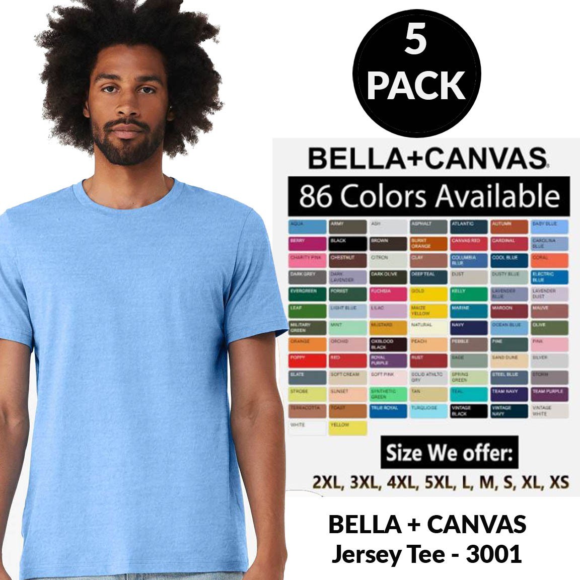 5 Pack Bella + Canvas Unisex T Shirt Short-Sleeve 100% Cotton Jersey Tee 3001
