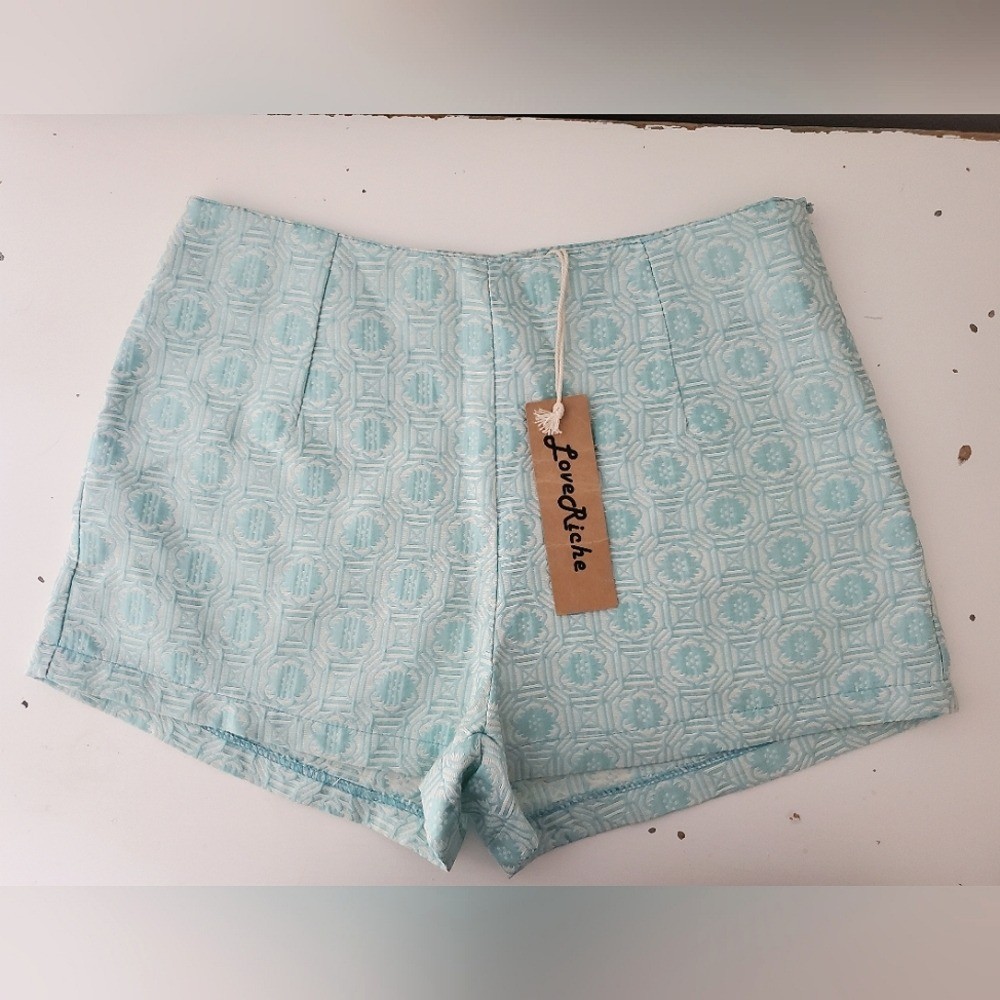 Cotton Blue Shorts Love Riche aqua white jacquard high waist hot pants 70s Small