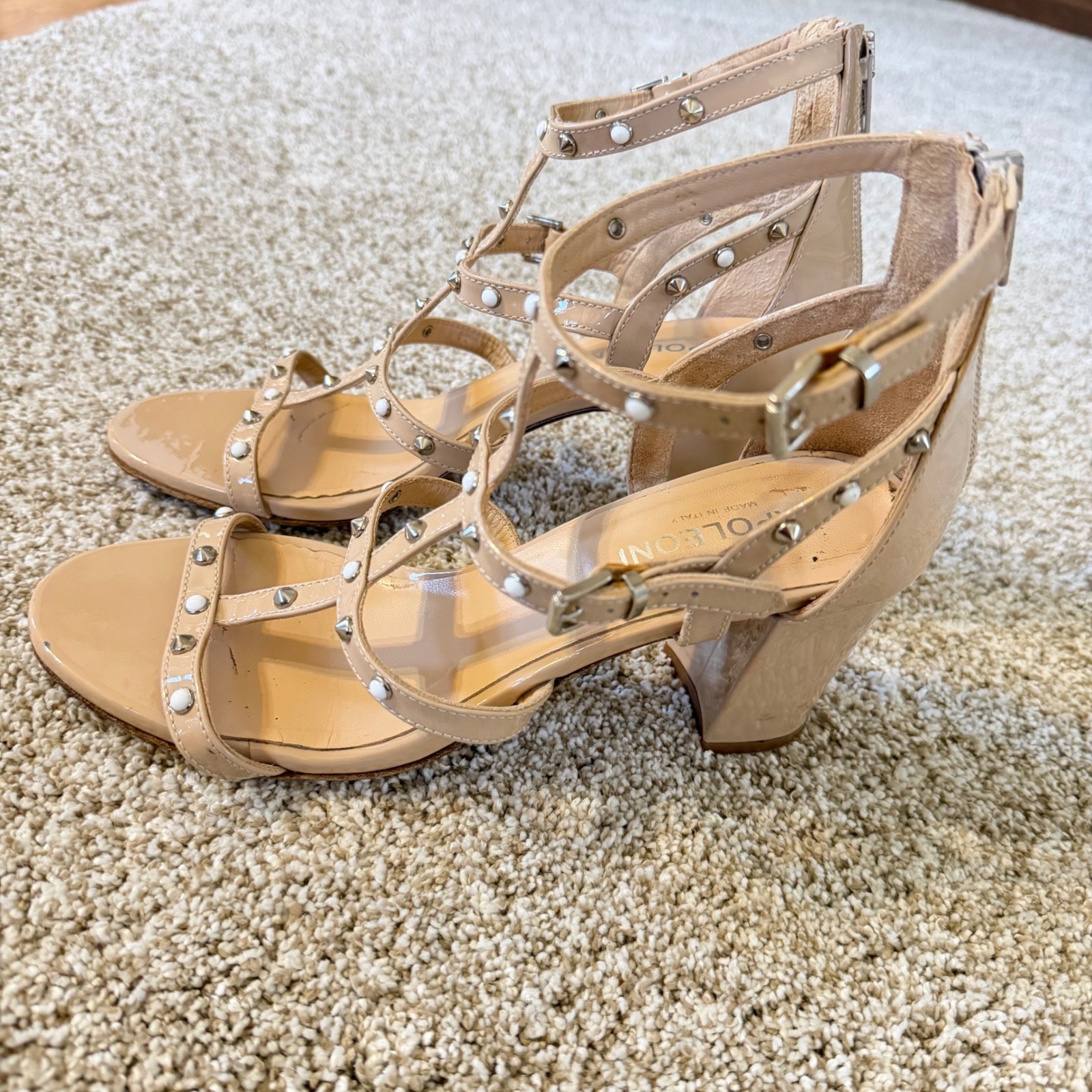 Napoleoni Italy Nude Patent Leather Studded Gladiator Block Heel Sandals EU 38