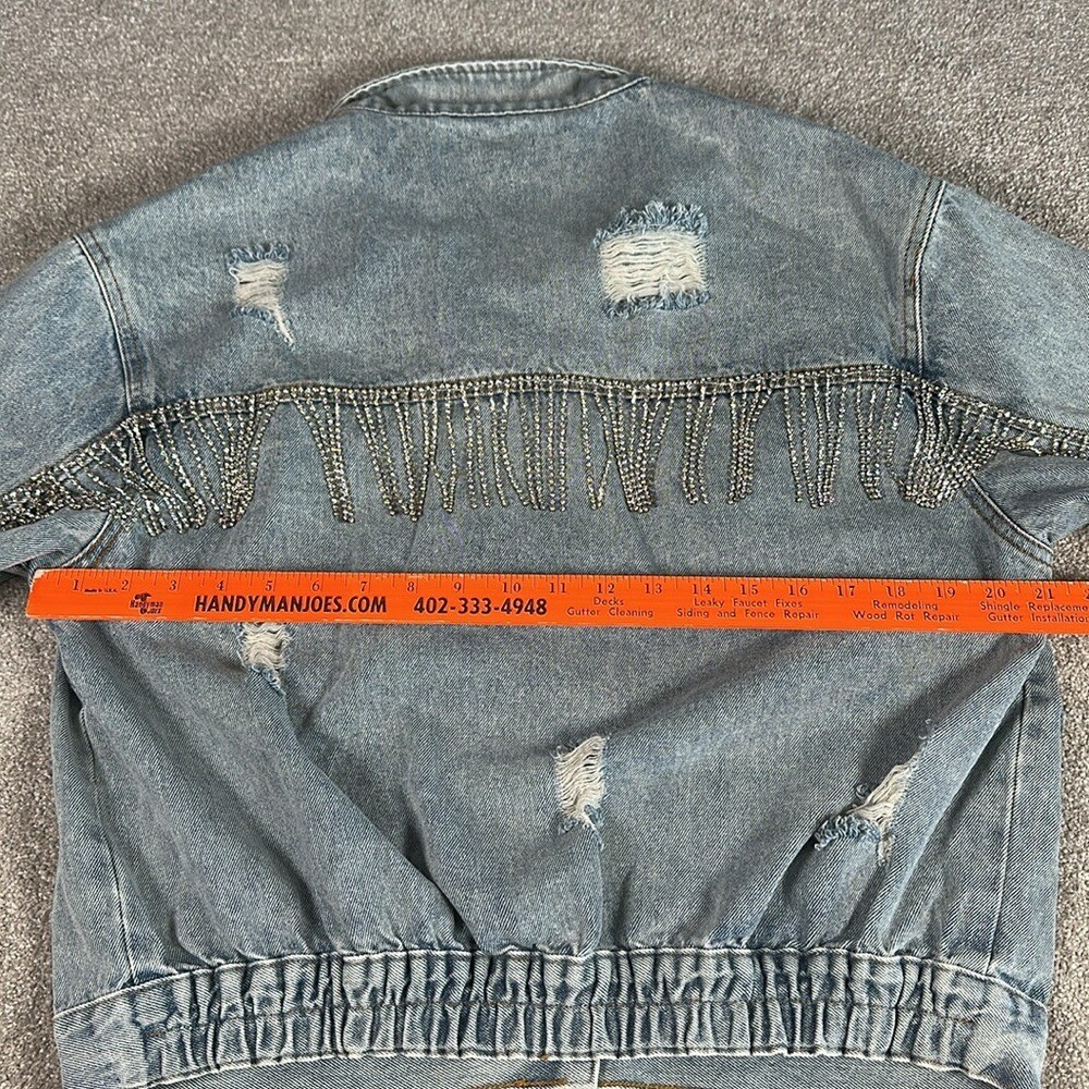 Distressed, rhinestone, fringe, jean jacket, grunge, punk band rock