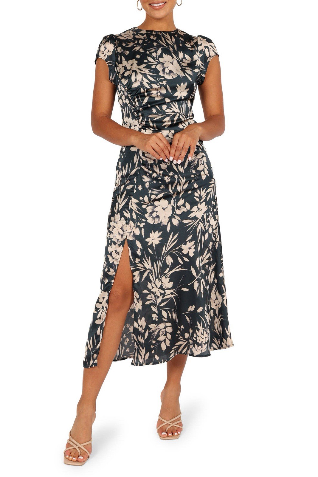 Size M $99 Petal & Pup Lisbeth Floral Cap Sleeve Satin Midi Dress Green Floral