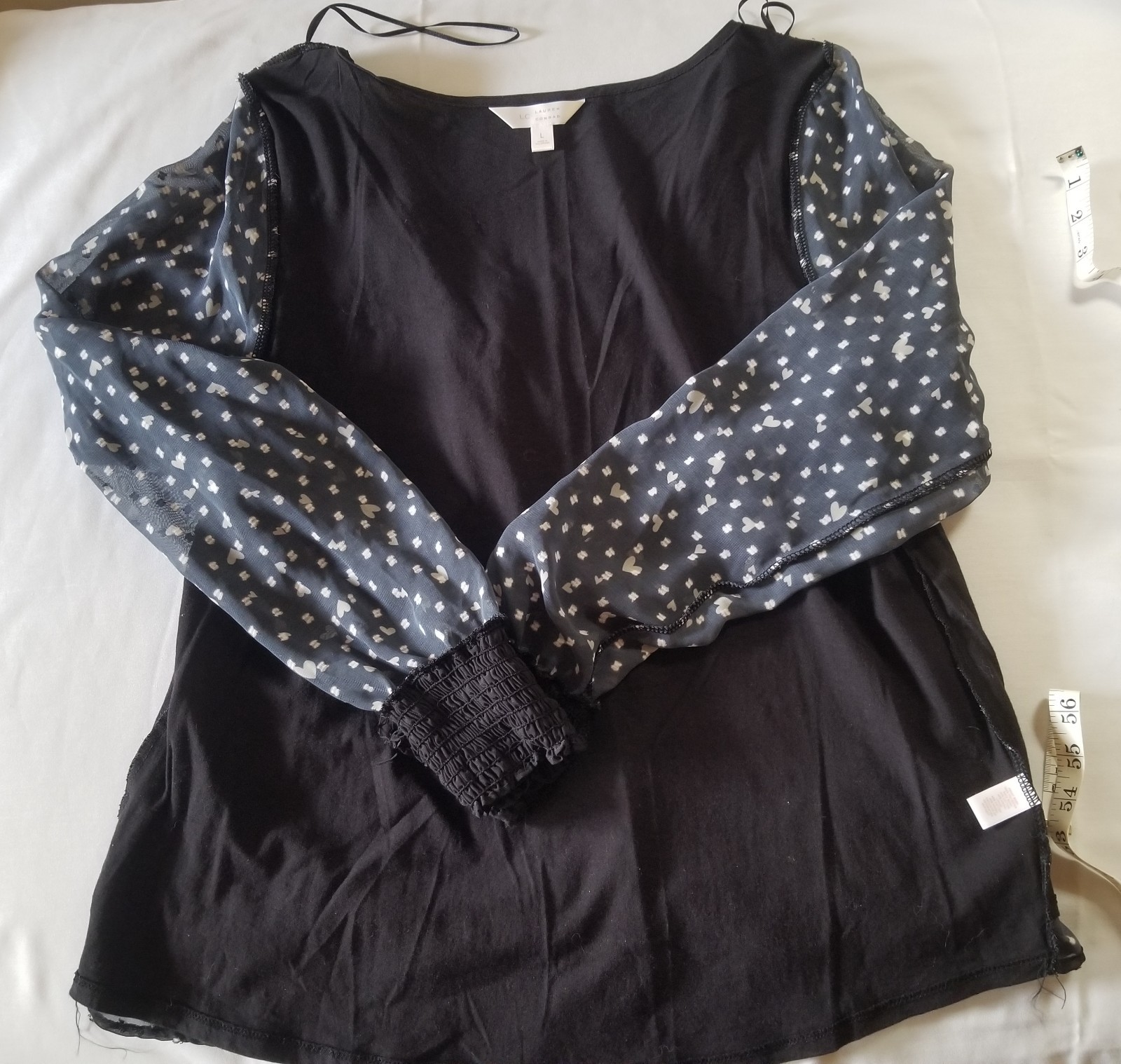 LC Lauren Conrad Black Peasant Blouse Pink Hearts Long Sleeves Boho L Romantic
