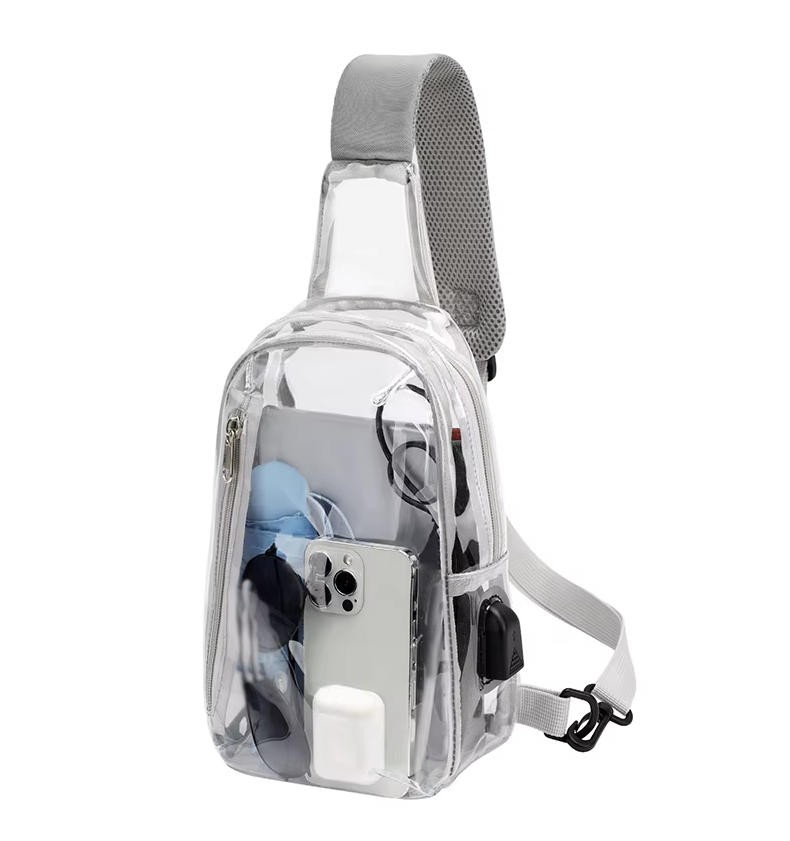 Clear USB Tote Bag PVC Zipper Stadium Approved Shoulder Handbag Purse Chest