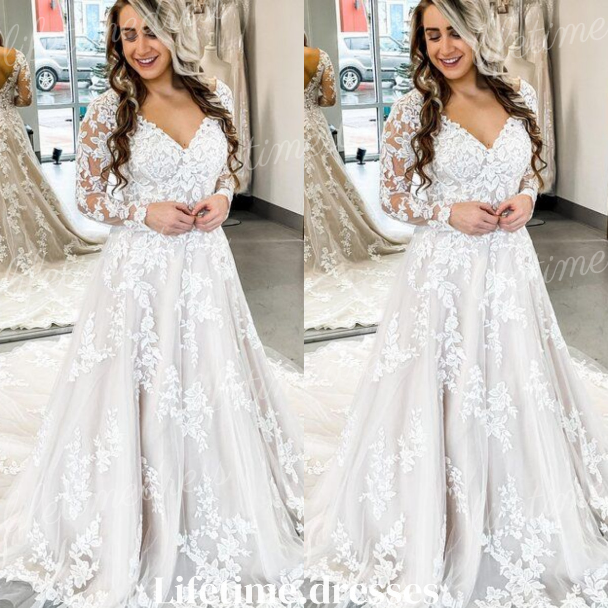 Classic Wedding Dresses Long Sleeves White Ivory Elegant V Neck Bridal Gowns