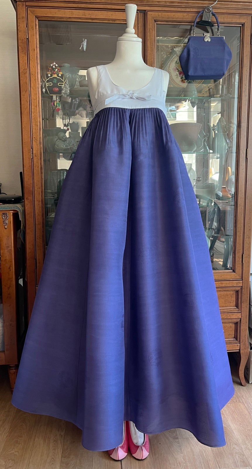 Premium Silk Traditional Korean Hanbok Dress–Mint & Purple / Petticoat /Hand bag