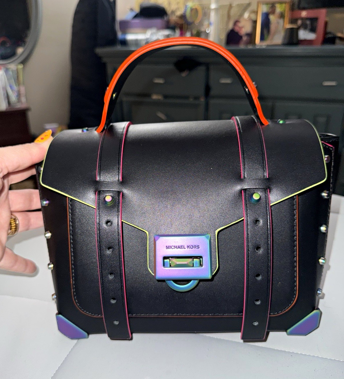 Michael Kors Black with Neon Trim Medium Satchel Top Handle