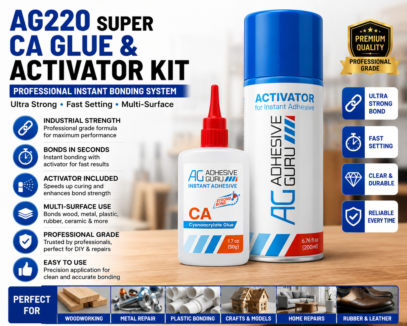 AG220 CA Glue with Activator Kit Super Strong Instant Adhesive Wood Metal