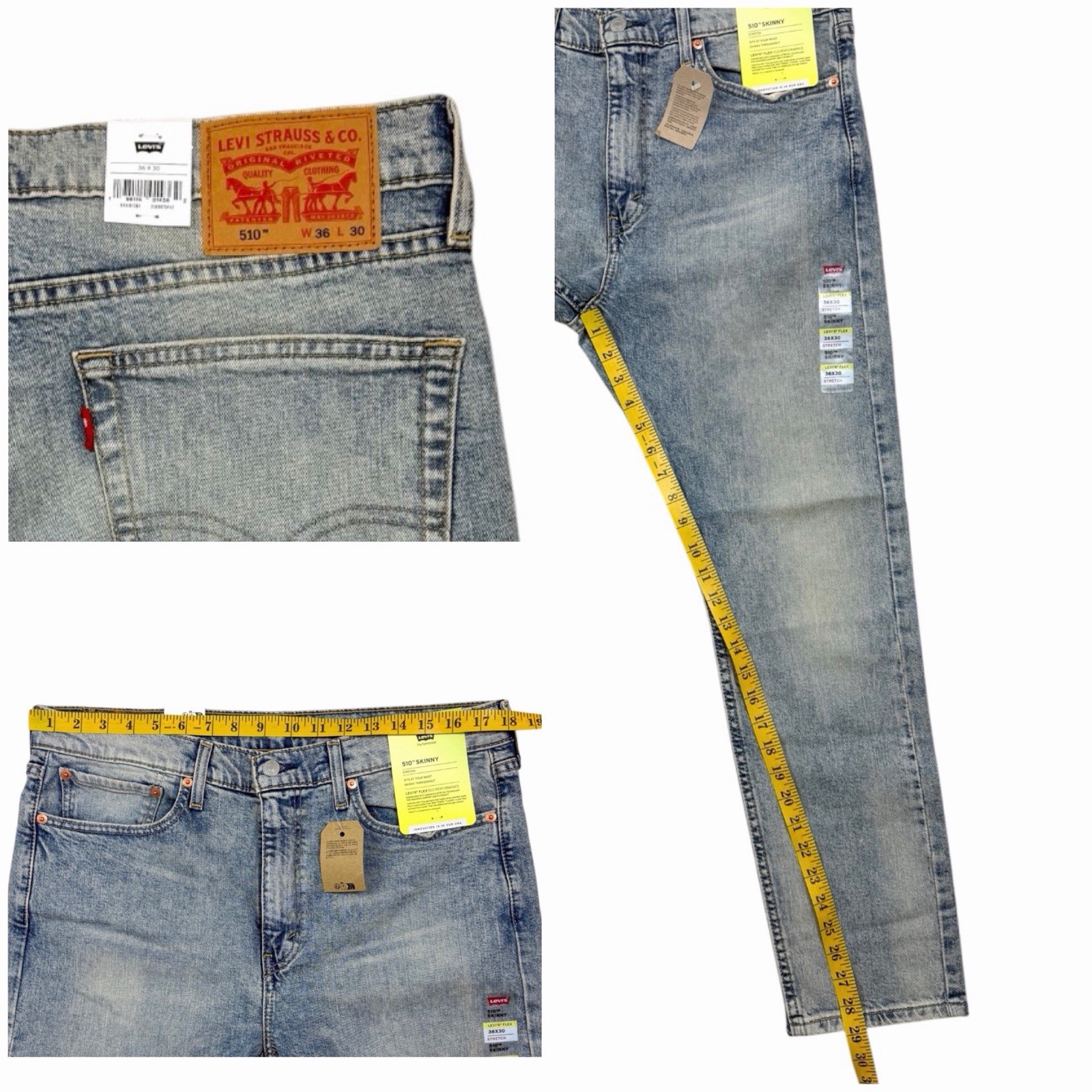 Levis 510 Skinny Fit Stretch Jeans 36×30 Light Blue Wash Denim Mens NWT