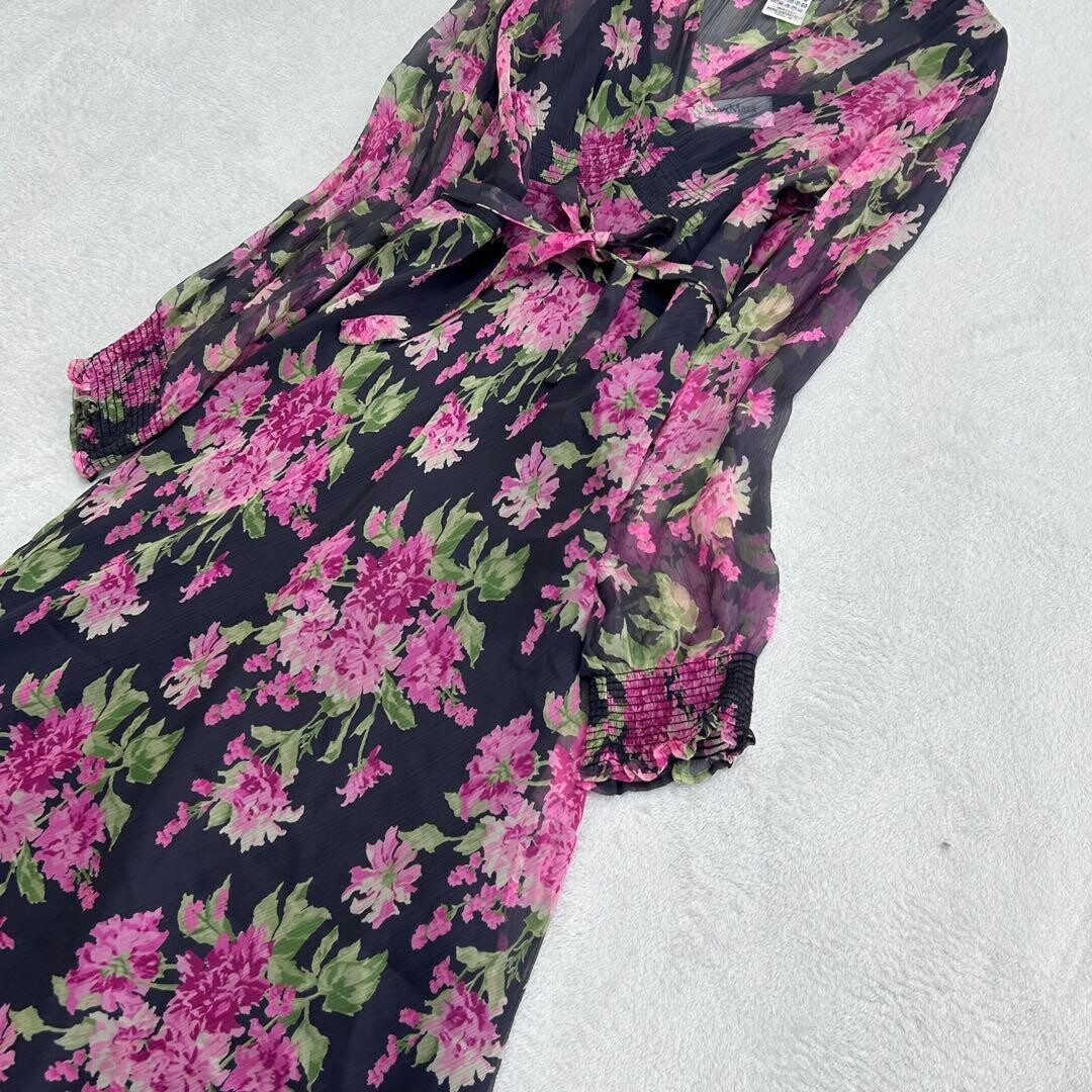 Max Mara Silk Floral Maxi Dress Ribbon Tie Black Pink Slip Auth