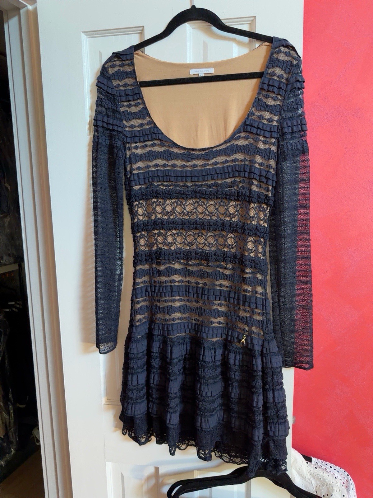 Patricia Peppe Navy Lace Long Sieve Tiered Minidress 42