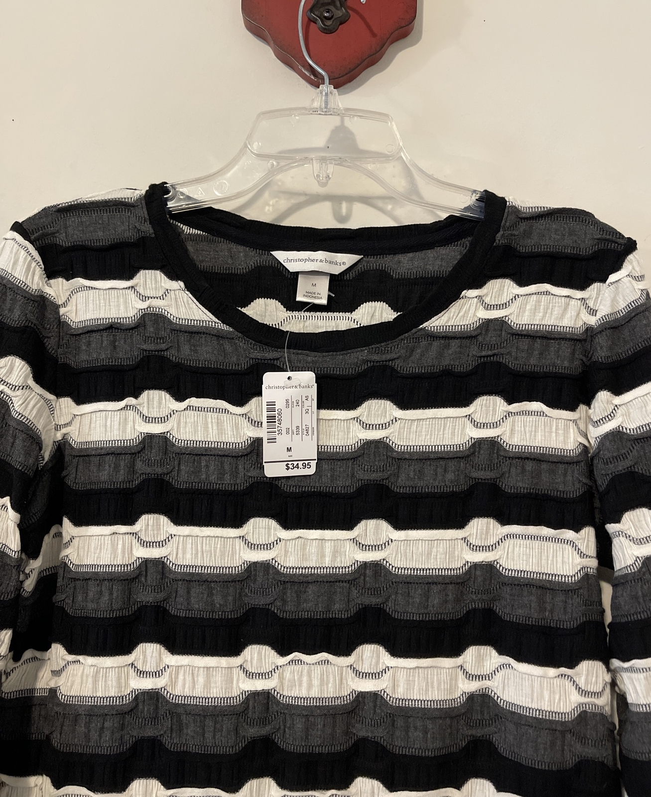 Christopher Banks Womens Medium Black Ivory Gray Ruffle Striped Blouse NWT A5280