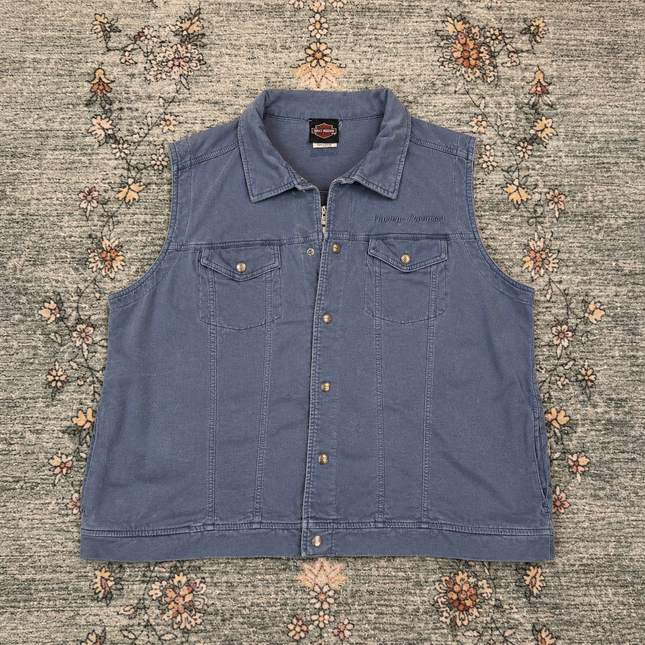 Harley Davidson Vest Mens Large Blue Snap Front Motorcycle Biker Casual