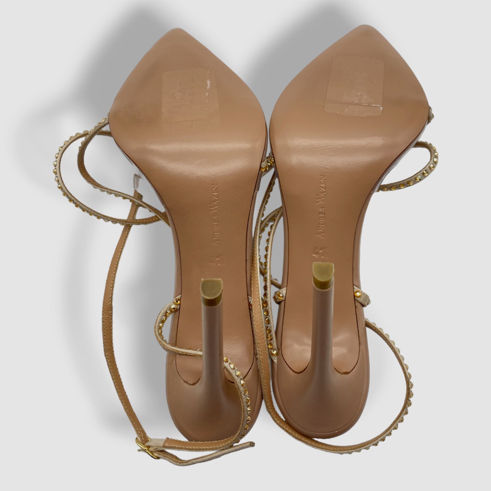 $695 Andrea Wazen Women’s Beige Dassy Sunset PVC Ankle Wrap Pump Heel Shoes 41