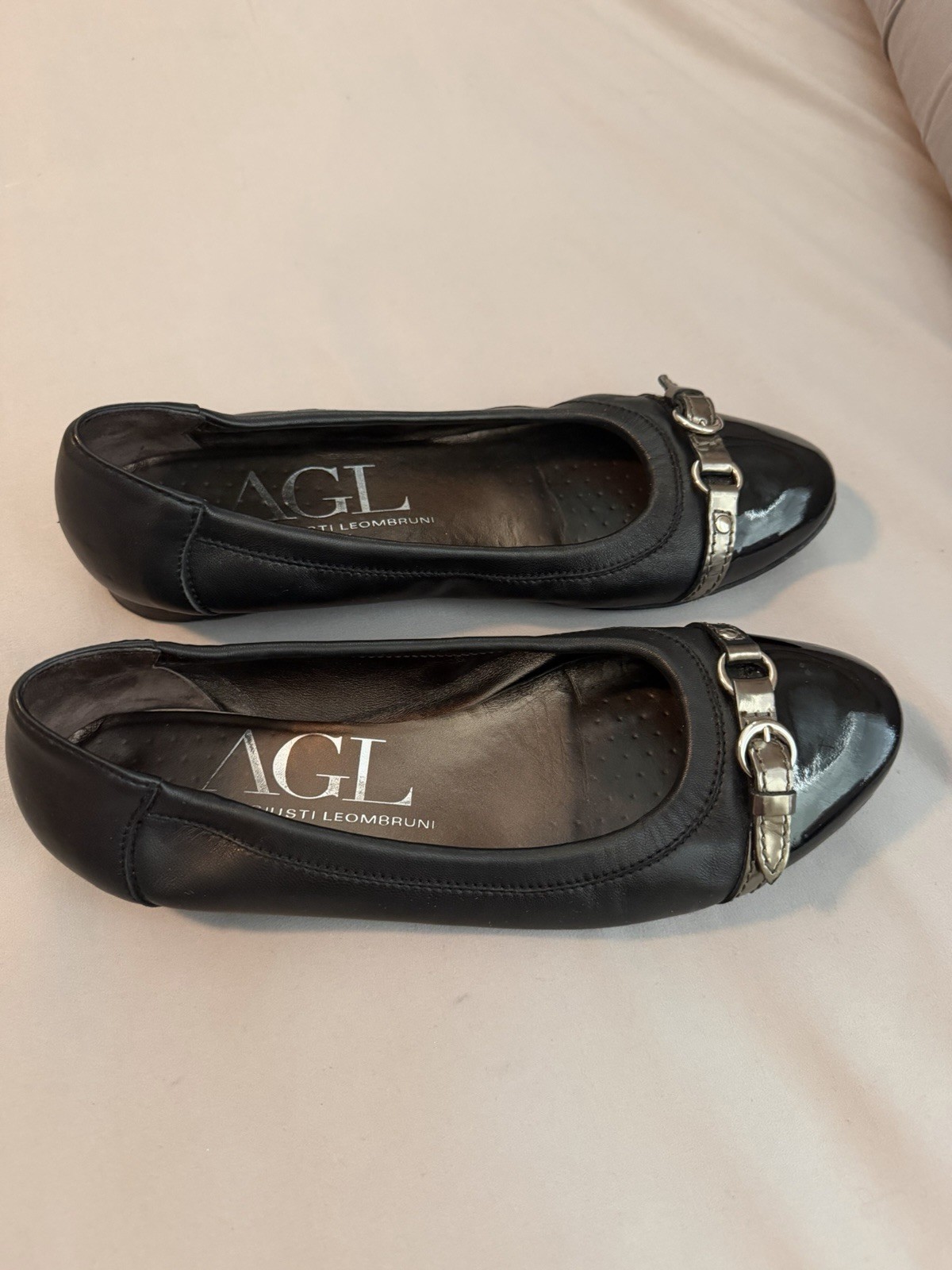 AGL Ballet Flat Black With Black Patent Cap Toe Sz 38.5