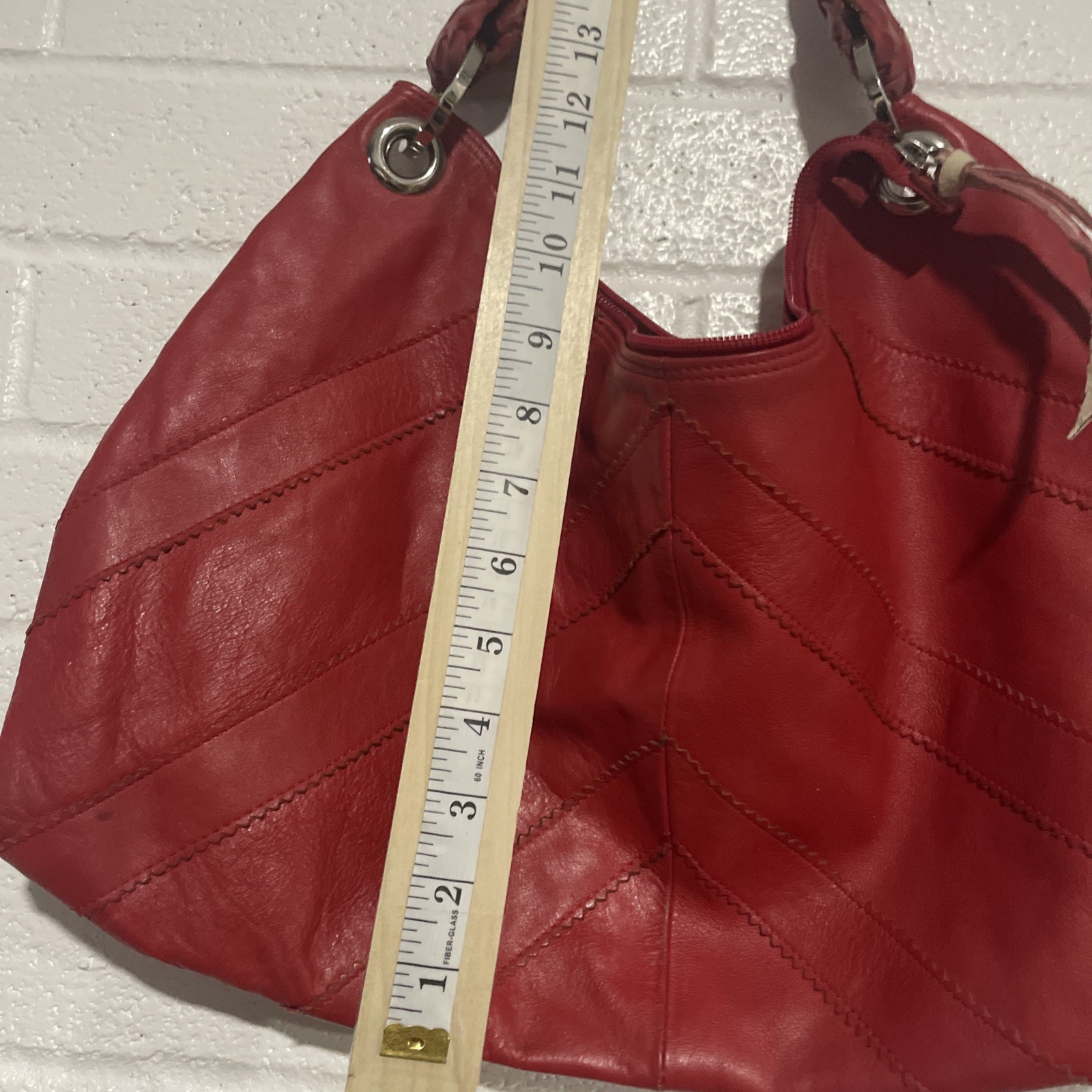 Falor Red Woven Handle Leather Women’s Tote Bag Slouchy Shoulder Bag READ