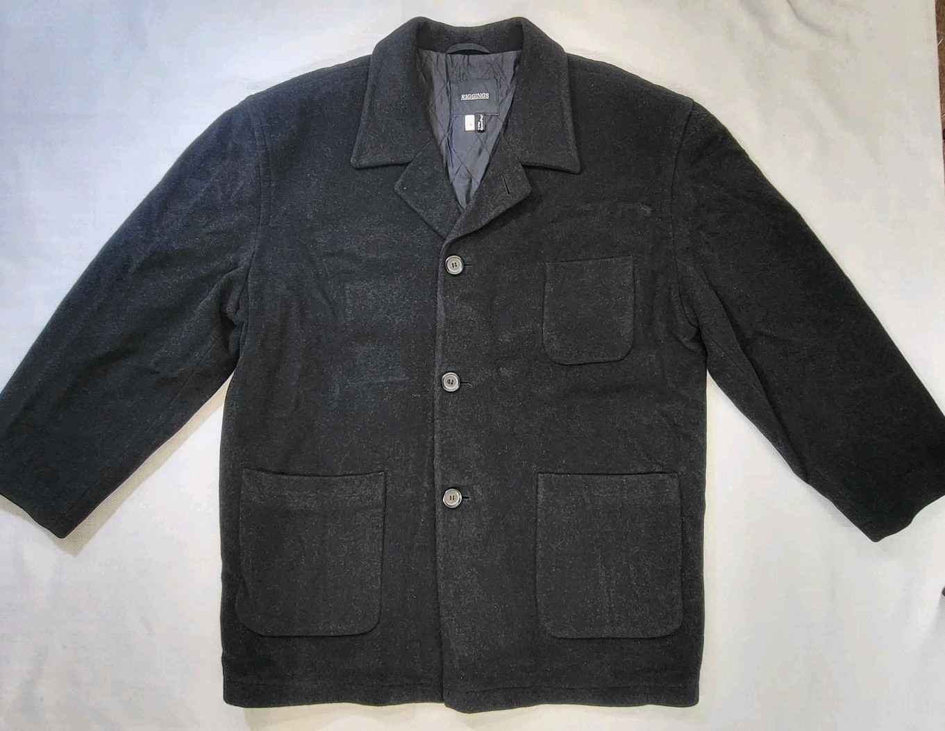 J. Riggings Jacket Men’s L Black Peacoat Wool Blend Chore Buttons Pockets Vtg