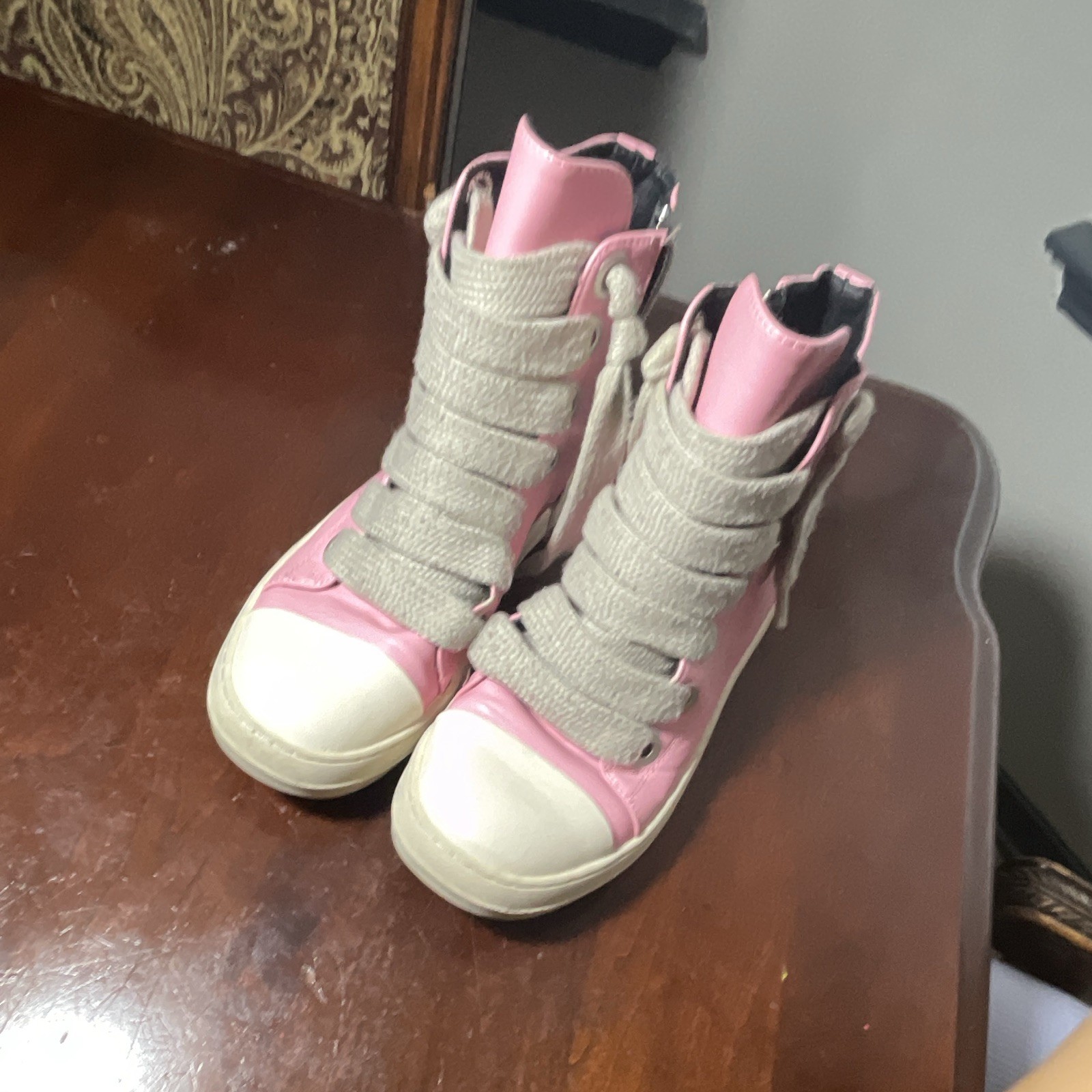Rick Owens Men’s Pink/White/Gray High Top Lace-Up Athletic Sneakers, Solid