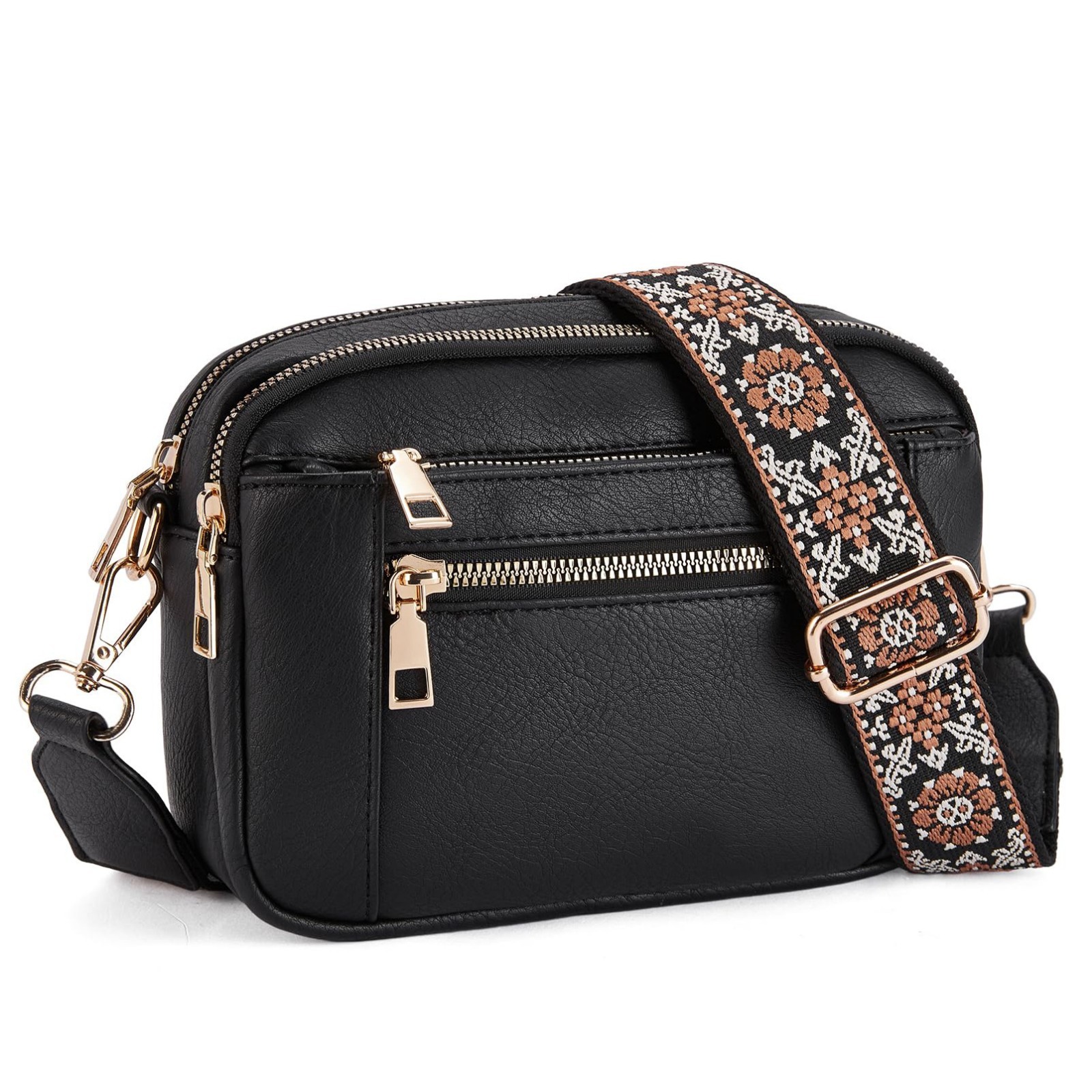 Women’s Triple-Zipper Shoulder Bag | Floral Embroidered Straps, Colorblock Cross