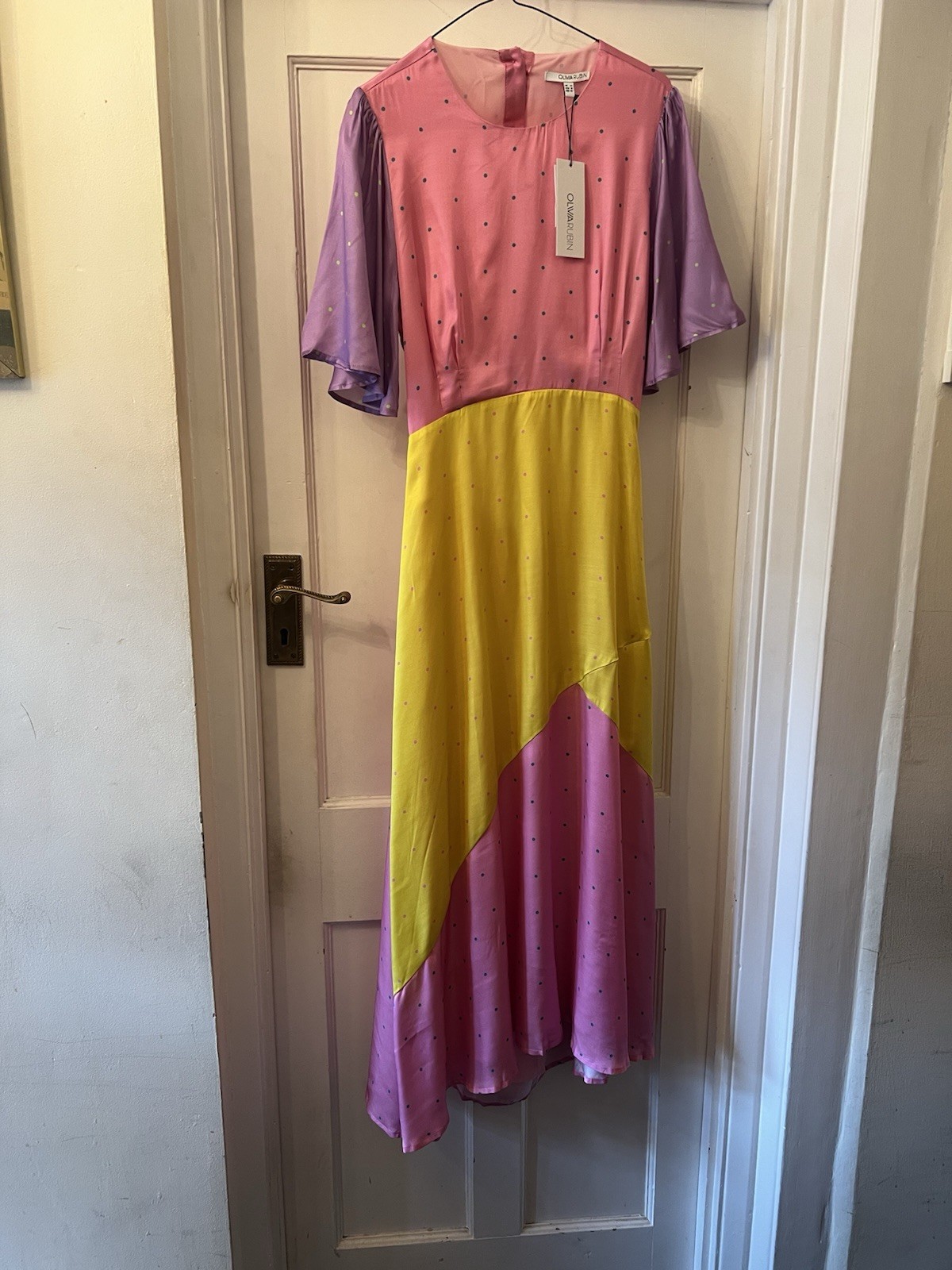 New Olivia Rubin Fleur Polka Dot Silk Mix Satin Print Midi Dress,UK 14