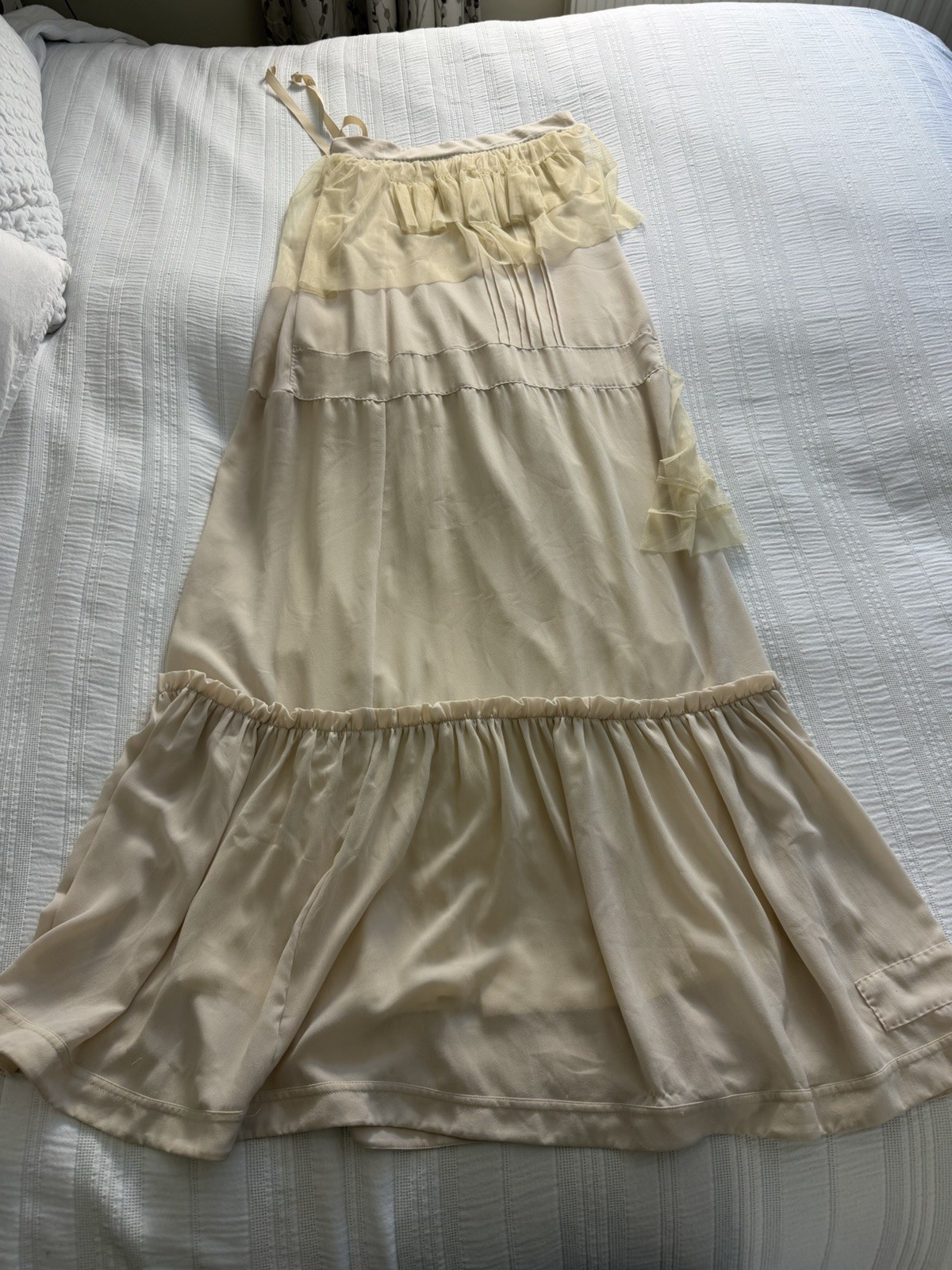 See By Chloe Vintage Pale Peach Nude Slip Dress Size 8 Drop Waist Tulle Trim 20s