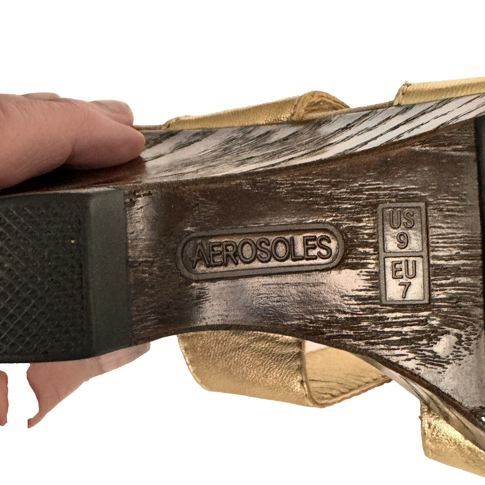 Gold Leather Aerosoles 9M Platform Wedge Comfort Sandals Slides NWOT