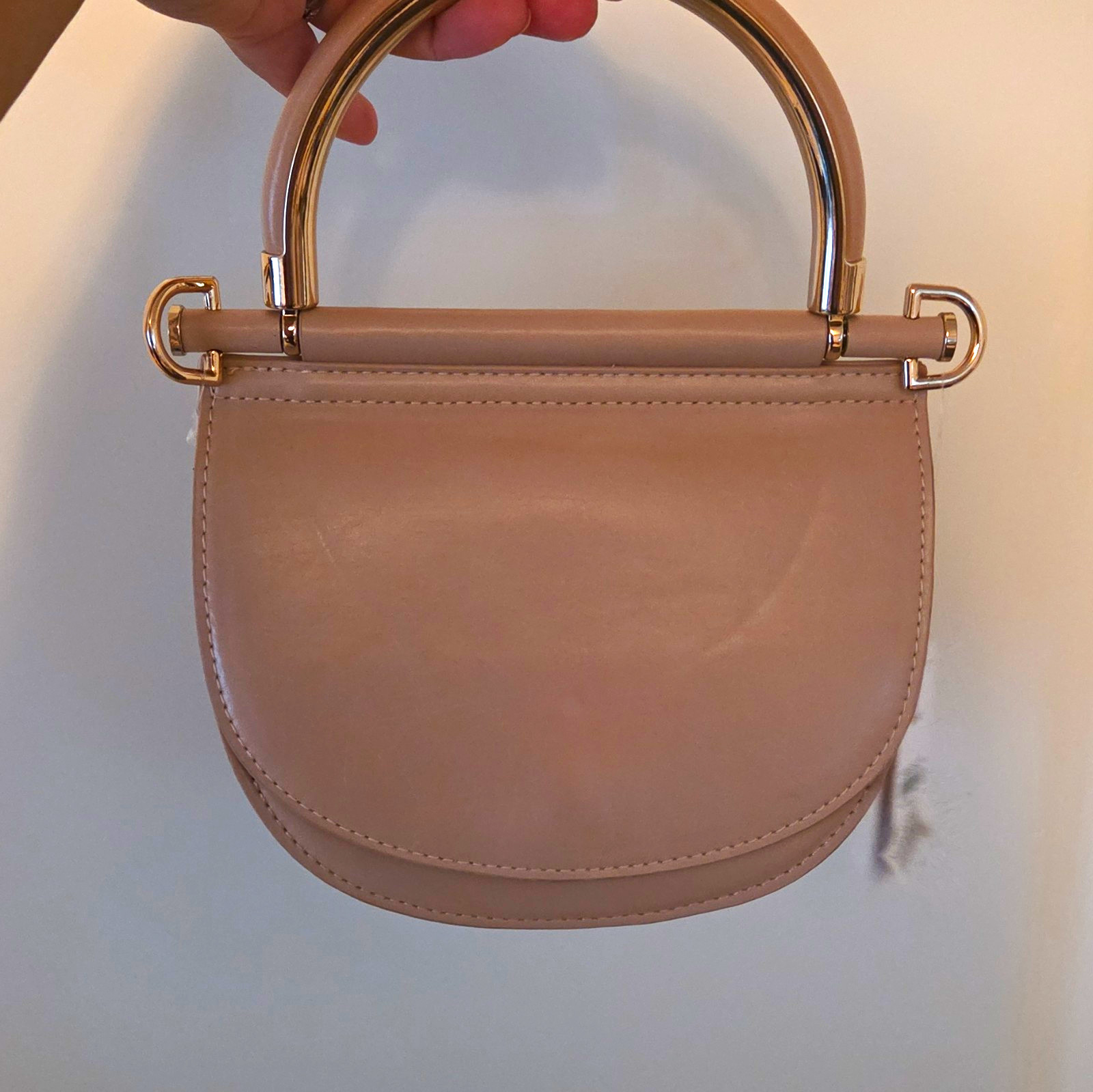 Beige Half Moon Top Handle Bag Purse, Solid, Gold Metallic Hardware Women