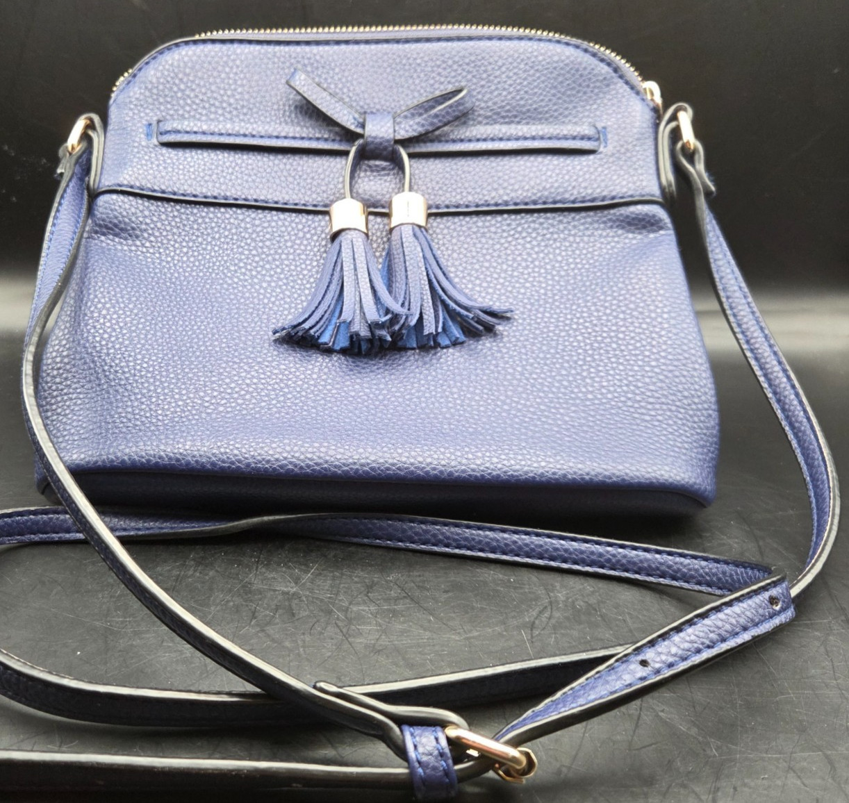 BLUE Faux Leather Crossbody Purse Womens Adjustable Strap Tassel Accent
