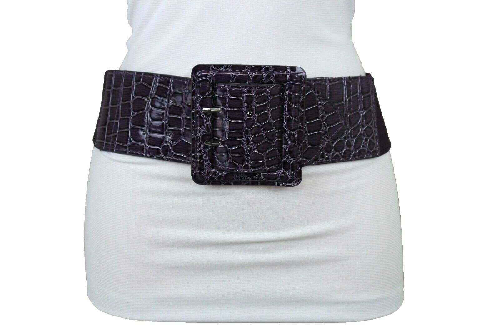 Women Purple Elastic Wide Band Fashion Belt Hip High Waist Square Buckle Fit M L