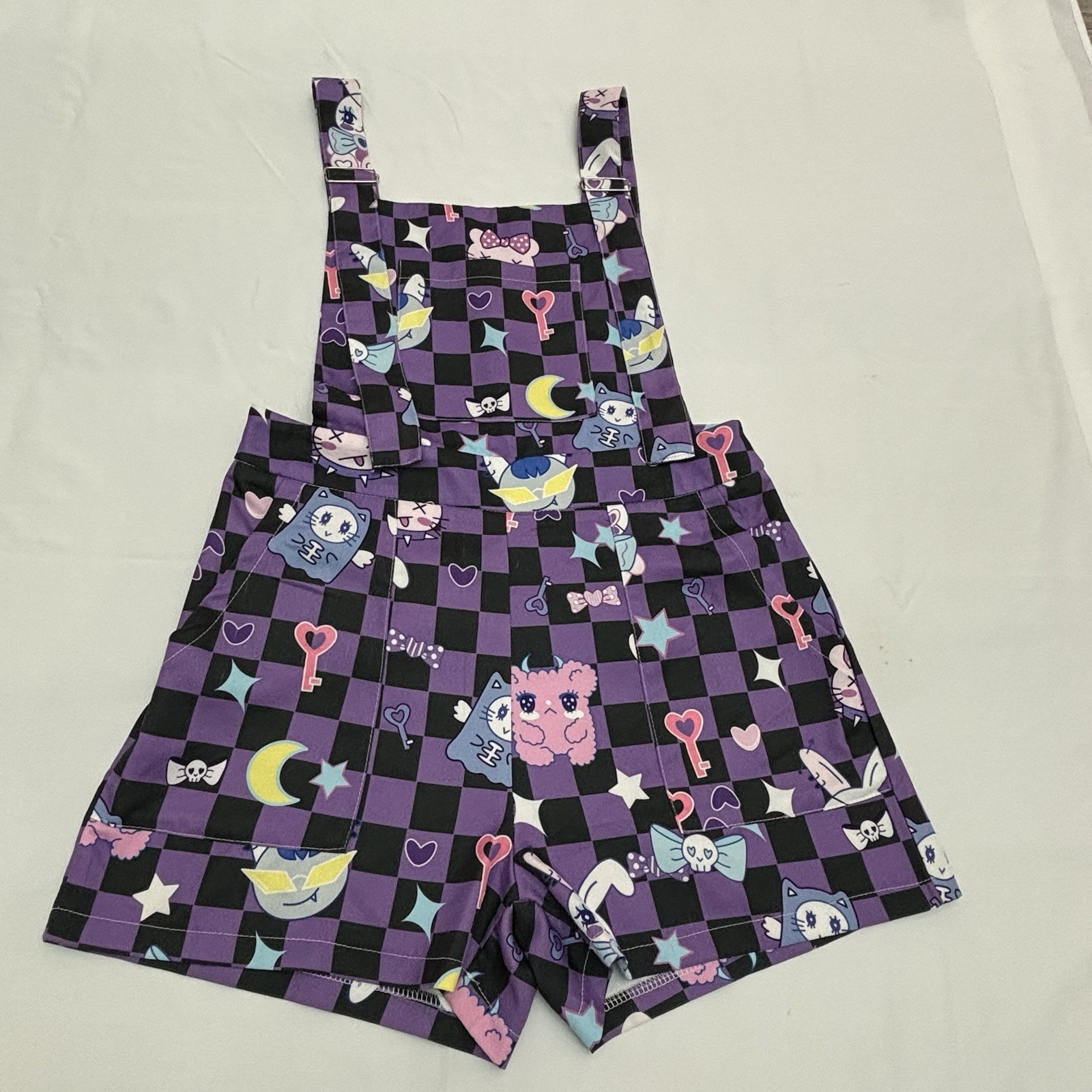 Romwe Anime Cartoon Print Checkerboard Pinafore Romper Size Small