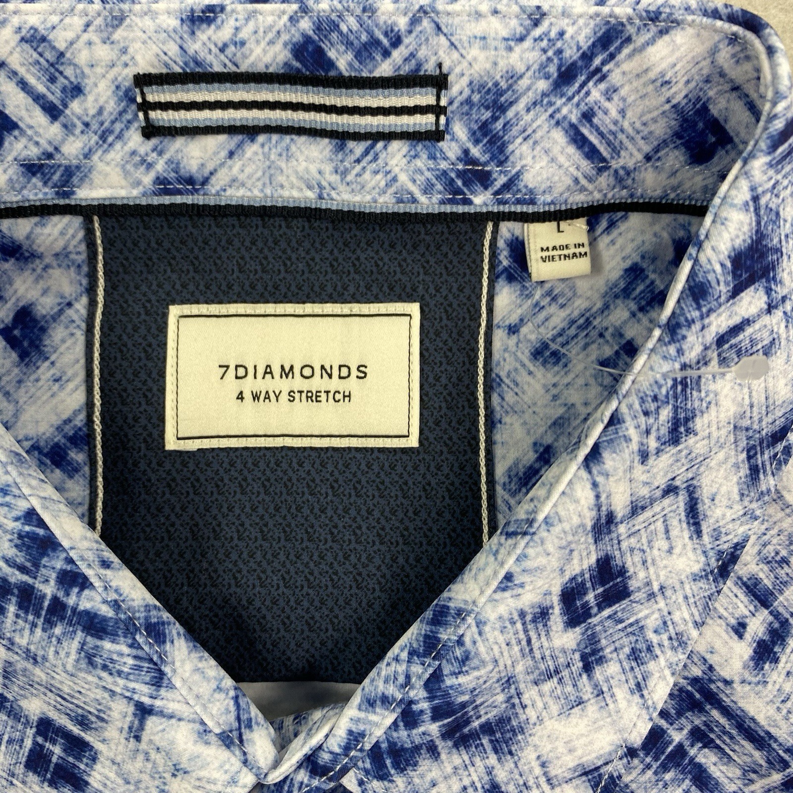 7 Diamonds Shirt Mens Large Blue Button Up 4 Way Stretch Geometric Short Sleeve