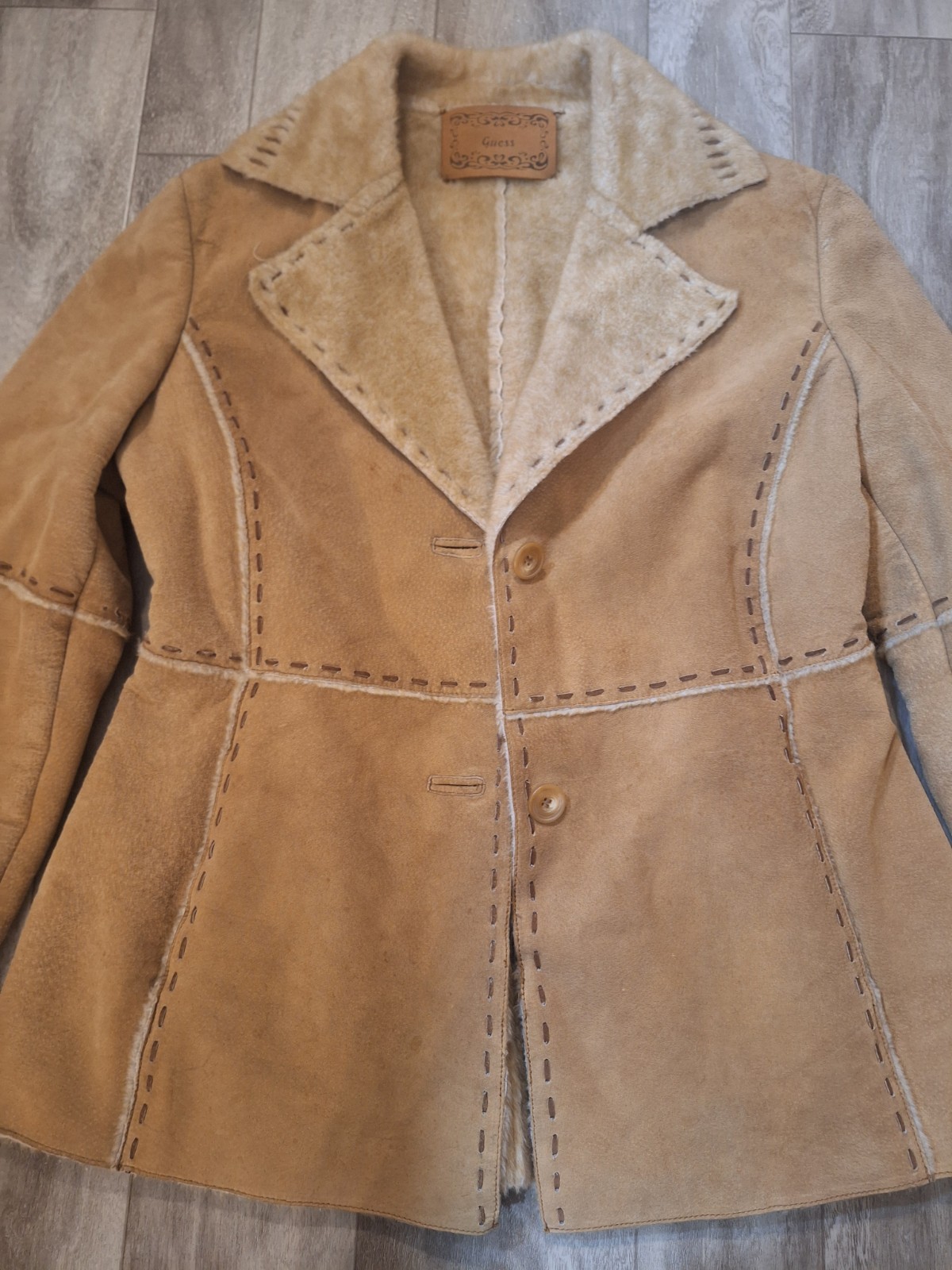Guess Vintage Y2K Tan Genuine Suede Leather Faux Fur Lined Button Closure Coat M