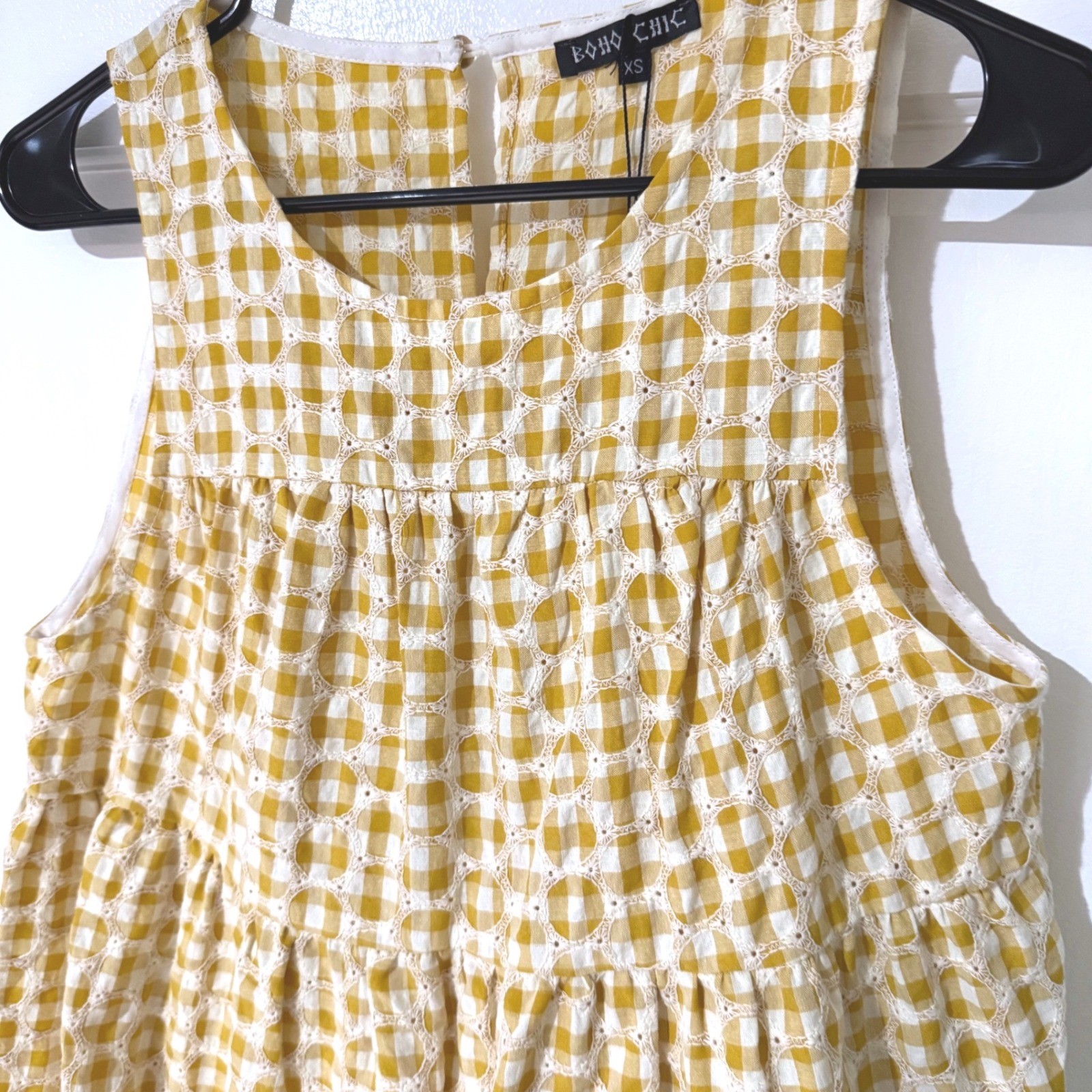 Boho Chic Lovely Lemon Yellow Gingham Eyelet Tiered Mini Dress XS NWT XS