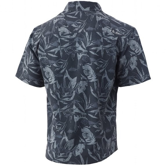 HUK Kona Ocean Palms Volcanic Ash Short Sleeve Button Up Sz Large