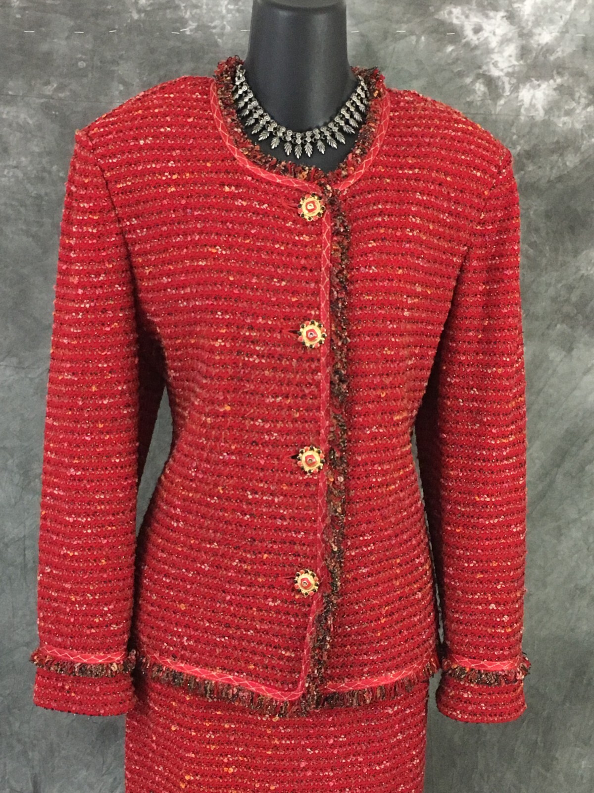 BEAUTIFUL St John couture knit red black fringe jacket skirt suit size 8 10