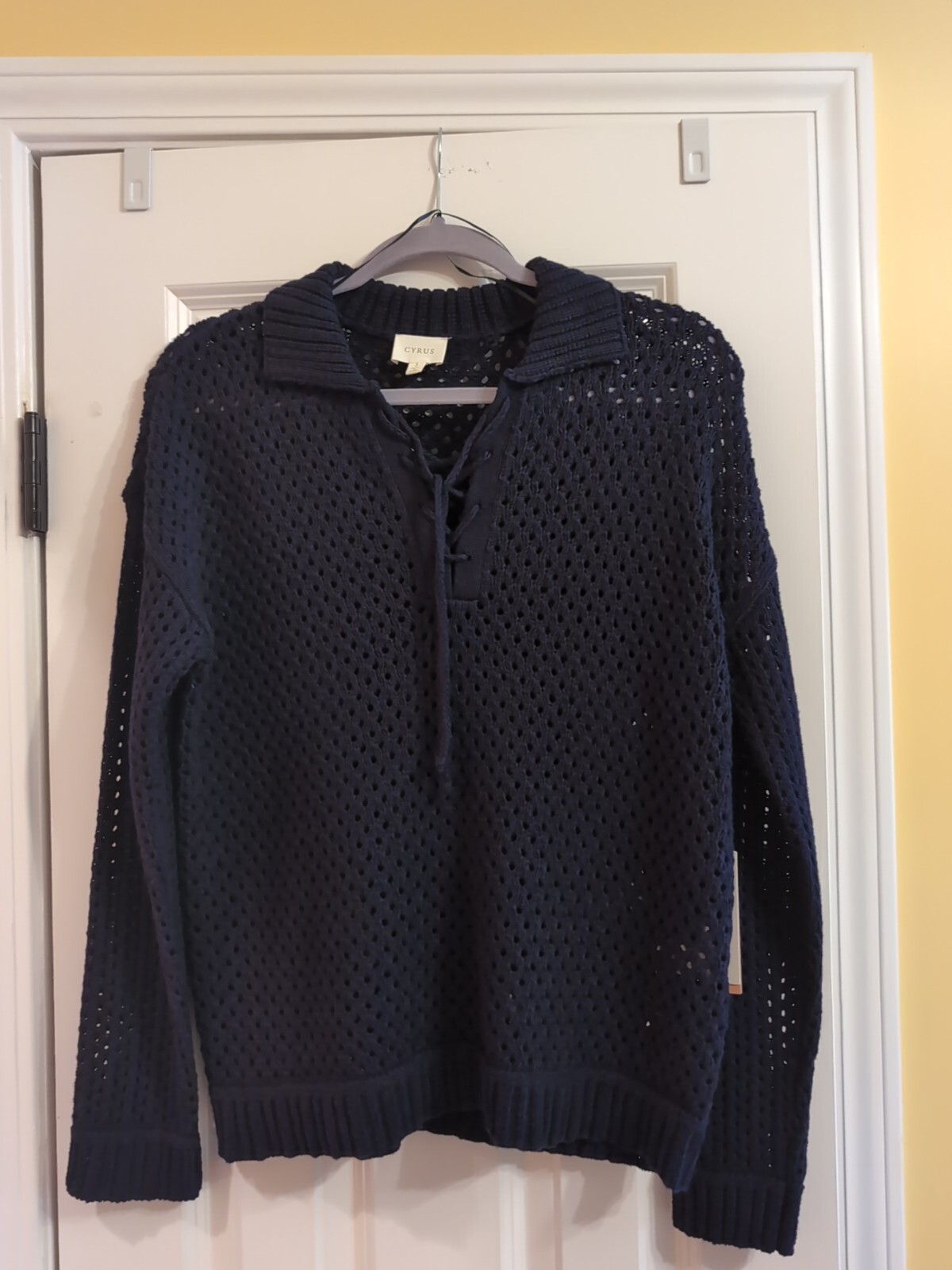 NAVY Blue PULL OVER SWEATER TEXTURED CROCHET COTTON BLEND WOMEN SZ Small,New