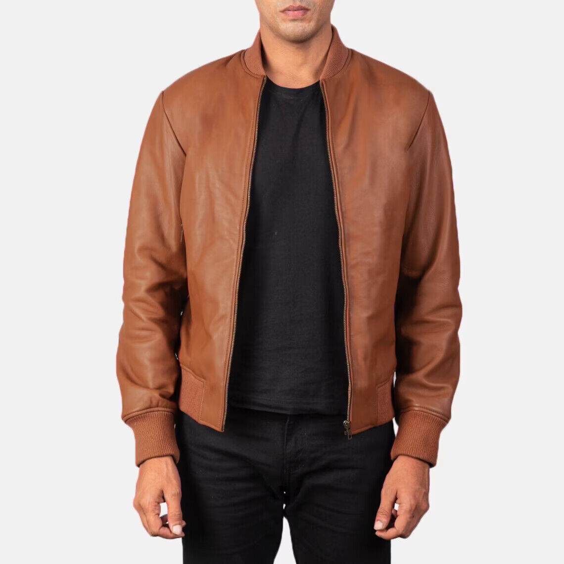 Men’s Tan Brown Bomber Real Lambskin Nappa Leather Jacket Slim Fit Casual – 049