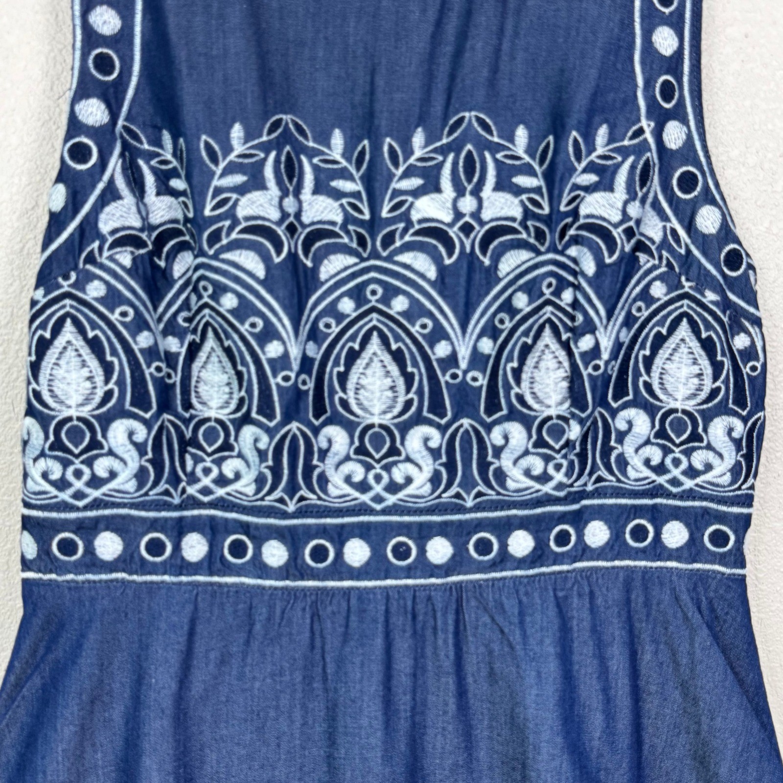 J.O.A Embroidered Denim Dress Open Back Boho Fit Flare Mini S