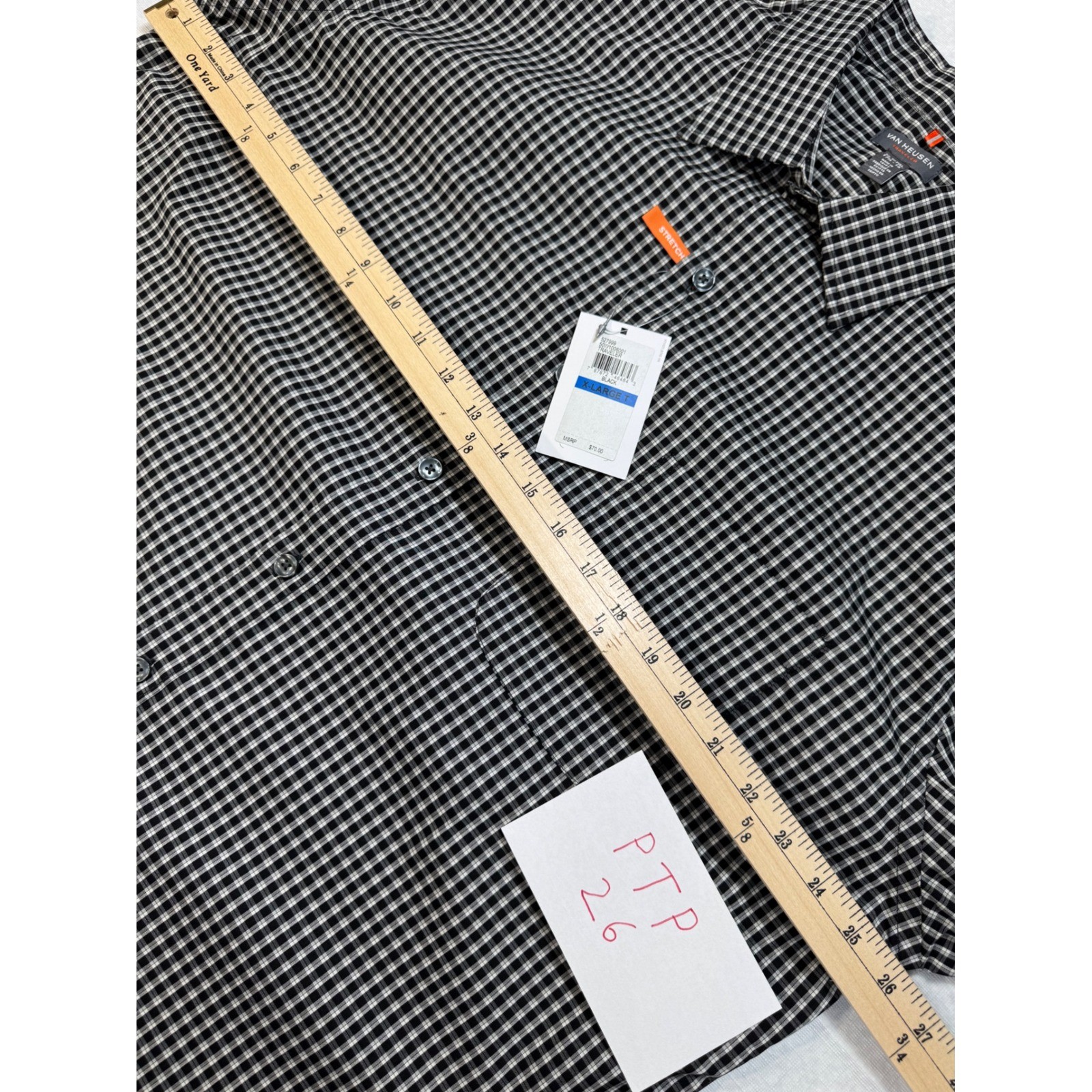 XLT Men’s Button Down Shirt Van Heusen Traveler Black Gingham Performance NWT